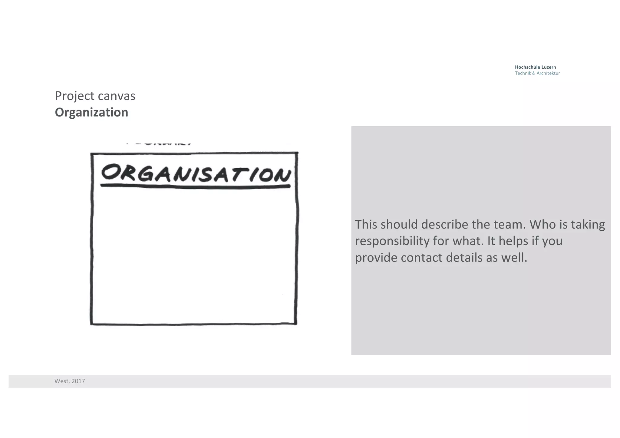 West,	2017
Project	canvas
Organization
This	should	describe	the	team.	Who	is	taking	
responsibility	for	what.	It	helps	if	you	
provide	contact	details	as	well.
 