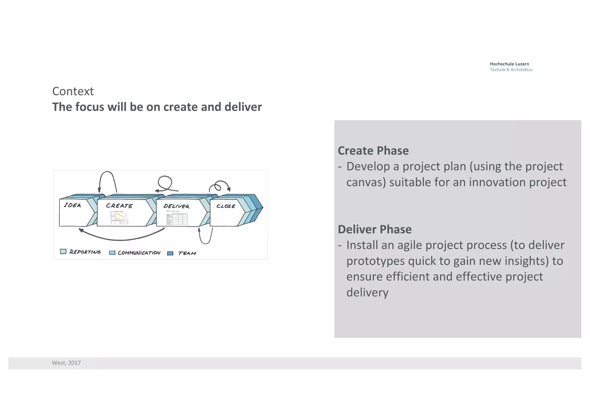 West,	2017
Context
The	focus	will	be	on	create	and	deliver
Create	Phase
- Develop	a	project	plan	(using	the	project	
canvas)	suitable	for	an	innovation	project
Deliver	Phase
- Install	an	agile	project	process	(to	deliver	
prototypes	quick	to	gain	new	insights)	to	
ensure	efficient	and	effective	project	
delivery
 