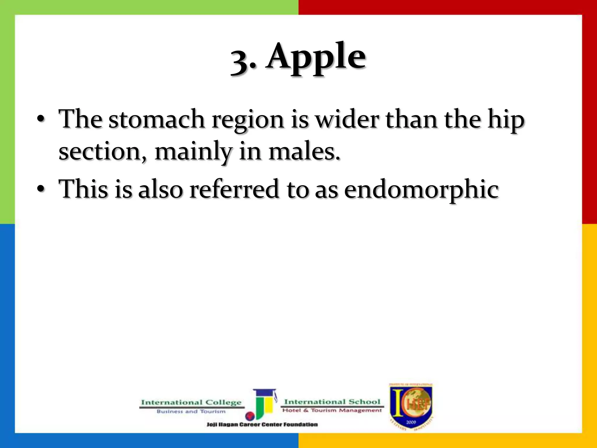 3. Apple
• The stomach region is wider than the hip
section, mainly in males.
• This is also referred to as endomorphic
 