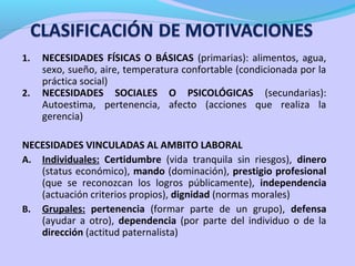 1. NECESIDADES FÍSICAS O BÁSICAS (primarias): alimentos, agua,
sexo, sueño, aire, temperatura confortable (condicionada por la
práctica social)
2. NECESIDADES SOCIALES O PSICOLÓGICAS (secundarias):
Autoestima, pertenencia, afecto (acciones que realiza la
gerencia)
NECESIDADES VINCULADAS AL AMBITO LABORAL
A. Individuales: Certidumbre (vida tranquila sin riesgos), dinero
(status económico), mando (dominación), prestigio profesional
(que se reconozcan los logros públicamente), independencia
(actuación criterios propios), dignidad (normas morales)
B. Grupales: pertenencia (formar parte de un grupo), defensa
(ayudar a otro), dependencia (por parte del individuo o de la
dirección (actitud paternalista)
 