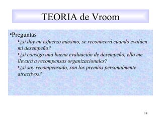 18
•Preguntas
•¿si doy mi esfuerzo máximo, se reconocerá cuando evalúen
mi desempeño?
•¿si consigo una buena evaluación de desempeño, ello me
llevará a recompensas organizacionales?
•¿si soy recompensado, son los premios personalmente
atractivos?
TEORIA de Vroom
 