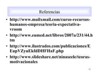 • http://www.mailxmail.com/curso-recursos-
humanos-empresa/teoria-expectativa-
vroom
• http://www.eumed.net/libros/2007a/231/44.h
tm
• http://www.ilustrados.com/publicaciones/E
EupVZyuEkfdDHFHaF.php
• http://www.slideshare.net/ninaseele/teoras-
motivacionales
31
Referencias
 