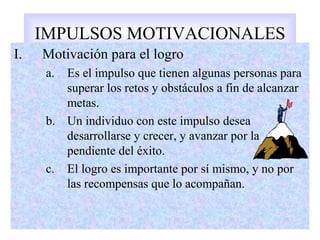 6
IMPULSOS MOTIVACIONALES
I. Motivación para el logro
a. Es el impulso que tienen algunas personas para
superar los retos y obstáculos a fin de alcanzar
metas.
b. Un individuo con este impulso desea
desarrollarse y crecer, y avanzar por la
pendiente del éxito.
c. El logro es importante por sí mismo, y no por
las recompensas que lo acompañan.
 