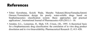 References
• Yohei Kawabataa, Koichi Wada, Manabu Nakatani,ShizuoYamadaa,Satomi
Onouea,‘Formulation design for poorly water-soluble drugs based on
biopharmaceutics classification system: Basic approaches and practical
applications’, International Journal of Pharmaceutics 420 (2011) 1– 10.
• Amidon, G.L., Lennernas, H., Shah, V.P., Crison, J.R., 1995. A theoretical basis
for a biopharmaceutic drug classification: the correlation of in vitro drug product
dissolution and in vivo bioavailability. Pharmaceutical Research 12, 413–420.
 