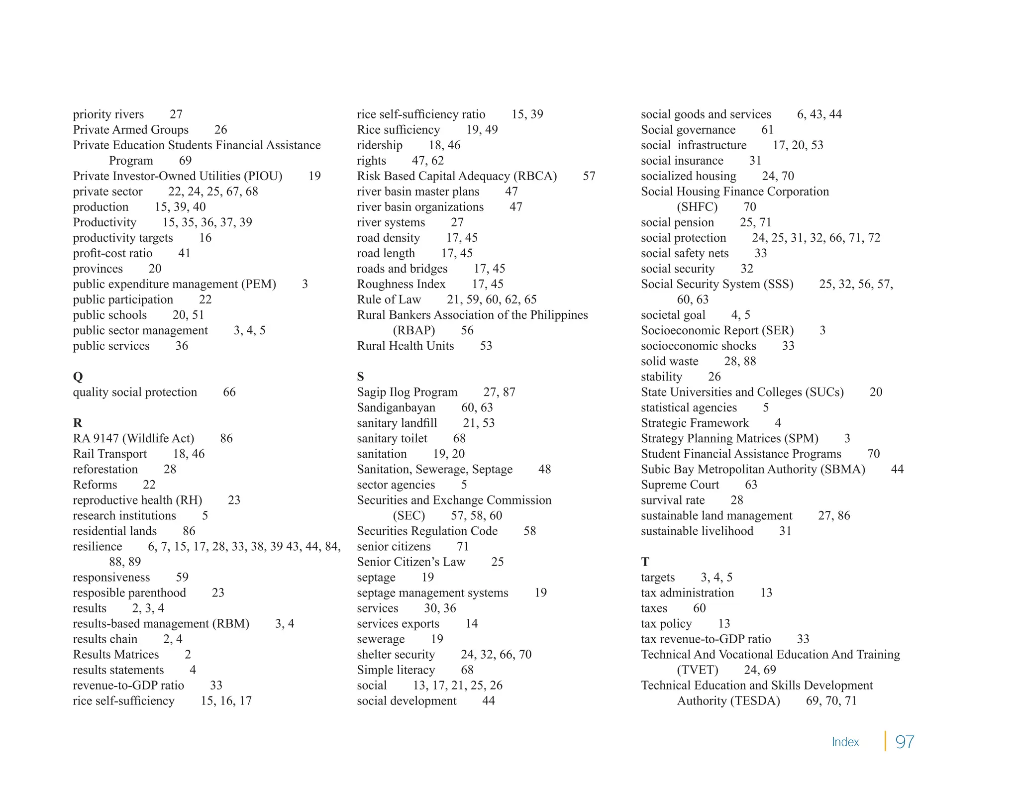 priority rivers     27                                     rice self-sufﬁciency ratio      15, 39          social goods and services         6, 43, 44
Private Armed Groups         26                            Rice sufﬁciency        19, 49                   Social governance        61
Private Education Students Financial Assistance            ridership      18, 46                           social infrastructure       17, 20, 53
        Program       69                                   rights      47, 62                              social insurance       31
Private Investor-Owned Utilities (PIOU)      19            Risk Based Capital Adequacy (RBCA)         57   socialized housing        24, 70
private sector      22, 24, 25, 67, 68                     river basin master plans       47               Social Housing Finance Corporation
production       15, 39, 40                                river basin organizations       47                      (SHFC)        70
Productivity       15, 35, 36, 37, 39                      river systems       27                          social pension       25, 71
productivity targets      16                               road density       17, 45                       social protection       24, 25, 31, 32, 66, 71, 72
proﬁt-cost ratio      41                                   road length      17, 45                         social safety nets      33
provinces       20                                         roads and bridges       17, 45                  social security      32
public expenditure management (PEM)         3              Roughness Index         17, 45                  Social Security System (SSS)          25, 32, 56, 57,
public participation      22                               Rule of Law        21, 59, 60, 62, 65                   60, 63
public schools       20, 51                                Rural Bankers Association of the Philippines    societal goal      4, 5
public sector management         3, 4, 5                           (RBAP)        56                        Socioeconomic Report (SER)             3
public services      36                                    Rural Health Units        53                    socioeconomic shocks           33
                                                                                                           solid waste       28, 88
Q                                                          S                                               stability      26
quality social protection      66                          Sagip Ilog Program         27, 87               State Universities and Colleges (SUCs)          20
                                                           Sandiganbayan         60, 63                    statistical agencies      5
R                                                          sanitary landﬁll      21, 53                    Strategic Framework          4
RA 9147 (Wildlife Act)          86                         sanitary toilet     68                          Strategy Planning Matrices (SPM)            3
Rail Transport        18, 46                               sanitation      19, 20                          Student Financial Assistance Programs           70
reforestation       28                                     Sanitation, Sewerage, Septage         48        Subic Bay Metropolitan Authority (SBMA)             44
Reforms        22                                          sector agencies       5                         Supreme Court         63
reproductive health (RH)         23                        Securities and Exchange Commission              survival rate      28
research institutions       5                                      (SEC)       57, 58, 60                  sustainable land management           27, 86
residential lands        86                                Securities Regulation Code         58           sustainable livelihood        31
resilience      6, 7, 15, 17, 28, 33, 38, 39 43, 44, 84,   senior citizens      71
        88, 89                                             Senior Citizen’s Law        25                  T
responsiveness         59                                  septage       19                                targets     3, 4, 5
resposible parenthood         23                           septage management systems           19         tax administration     13
results      2, 3, 4                                       services      30, 36                            taxes      60
results-based management (RBM)             3, 4            services exports       14                       tax policy      13
results chain       2, 4                                   sewerage        19                              tax revenue-to-GDP ratio     33
Results Matrices         2                                 shelter security      24, 32, 66, 70            Technical And Vocational Education And Training
results statements        4                                Simple literacy       68                                (TVET)      24, 69
revenue-to-GDP ratio          33                           social      13, 17, 21, 25, 26                  Technical Education and Skills Development
rice self-sufﬁciency        15, 16, 17                     social development        44                            Authority (TESDA)      69, 70, 71


                                                                                                                                                  Index        97
 