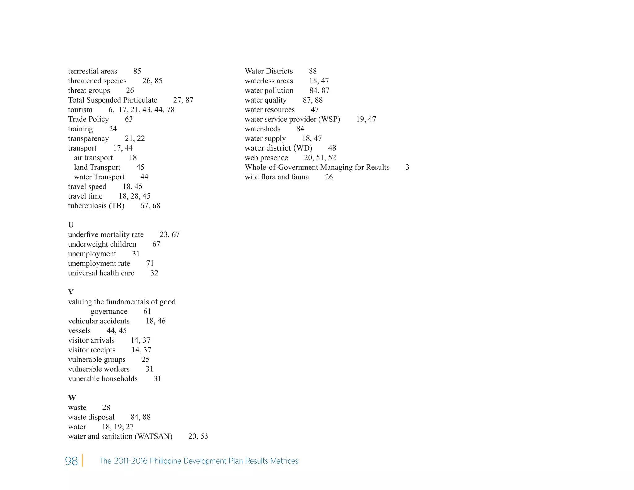 terrrestial areas      85                           Water Districts     88
threatened species        26, 85                    waterless areas     18, 47
threat groups       26                              water pollution     84, 87
Total Suspended Particulate        27, 87           water quality     87, 88
tourism       6, 17, 21, 43, 44, 78                 water resources      47
Trade Policy        63                              water service provider (WSP)  19, 47
training       24                                   watersheds      84
transparency        21, 22                          water supply      18, 47
transport       17, 44                              water district (WD)        48
  air transport      18                             web presence       20, 51, 52
  land Transport        45                          Whole-of-Government Managing for Results   3
  water Transport        44                         wild ﬂora and fauna      26
travel speed       18, 45
travel time       18, 28, 45
tuberculosis (TB)        67, 68

U
underﬁve mortality rate     23, 67
underweight children      67
unemployment        31
unemployment rate       71
universal health care    32

V
valuing the fundamentals of good
        governance      61
vehicular accidents      18, 46
vessels      44, 45
visitor arrivals    14, 37
visitor receipts    14, 37
vulnerable groups       25
vulnerable workers       31
vunerable households        31

W
waste     28
waste disposal      84, 88
water     18, 19, 27
water and sanitation (WATSAN)          20, 53


98        The 2011-2016 Philippine Development Plan Results Matrices
 