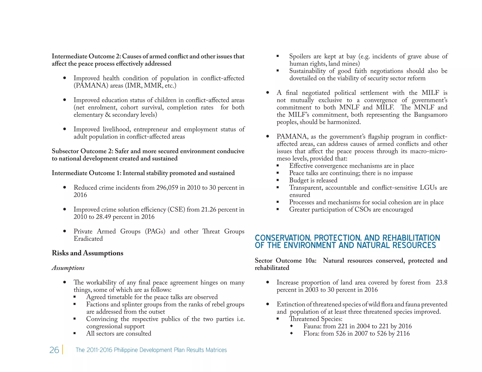 Intermediate Outcome 2: Causes of armed conflict and other issues that                 Spoilers are kept at bay (e.g. incidents of grave abuse of
affect the peace process effectively addressed                                          human rights, land mines)
                                                                                       Sustainability of good faith negotiations should also be
        Improved health condition of population in conflict-affected                   dovetailed on the viability of security sector reform
         (PAMANA) areas (IMR, MMR, etc.)
                                                                                  A final negotiated political settlement with the MILF is
        Improved education status of children in conflict-affected areas          not mutually exclusive to a convergence of government’s
         (net enrolment, cohort survival, completion rates for both                commitment to both MNLF and MILF.  The MNLF and
         elementary & secondary levels)                                            the MILF’s commitment, both representing the Bangsamoro
                                                                                   peoples, should be harmonized.
        Improved livelihood, entrepreneur and employment status of
         adult population in conflict-affected areas                              PAMANA, as the government’s flagship program in conflict-
                                                                                   affected areas, can address causes of armed conflicts and other
Subsector Outcome 2: Safer and more secured environment conducive                  issues that affect the peace process through its macro-micro-
to national development created and sustained                                      meso levels, provided that:
                                                                                    Effective convergence mechanisms are in place
Intermediate Outcome 1: Internal stability promoted and sustained                   Peace talks are continuing; there is no impasse
                                                                                    Budget is released
        Reduced crime incidents from 296,059 in 2010 to 30 percent in              Transparent, accountable and conflict-sensitive LGUs are
         2016                                                                           ensured
                                                                                    Processes and mechanisms for social cohesion are in place
        Improved crime solution efficiency (CSE) from 21.26 percent in             Greater participation of CSOs are encouraged
         2010 to 28.49 percent in 2016

        Private Armed Groups (PAGs) and other Threat Groups
         Eradicated                                                         CONSERVATION, PROTECTION, AND REHABILITATION
                                                                            OF THE ENVIRONMENT AND NATURAL RESOURCES
Risks and Assumptions
                                                                            Sector Outcome 10a: Natural resources conserved, protected and
Assumptions                                                                 rehabilitated

        The workability of any final peace agreement hinges on many              Increase proportion of land area covered by forest from 23.8
         things, some of which are as follows:                                     percent in 2003 to 30 percent in 2016
          Agreed timetable for the peace talks are observed
          Factions and splinter groups from the ranks of rebel groups            Extinction of threatened species of wild flora and fauna prevented
              are addressed from the outset                                        and population of at least three threatened species improved.
          Convincing the respective publics of the two parties i.e.                Threatened Species:
              congressional support                                                     Fauna: from 221 in 2004 to 221 by 2016
          All sectors are consulted                                                    Flora: from 526 in 2007 to 526 by 2116

26       The 2011-2016 Philippine Development Plan Results Matrices
 