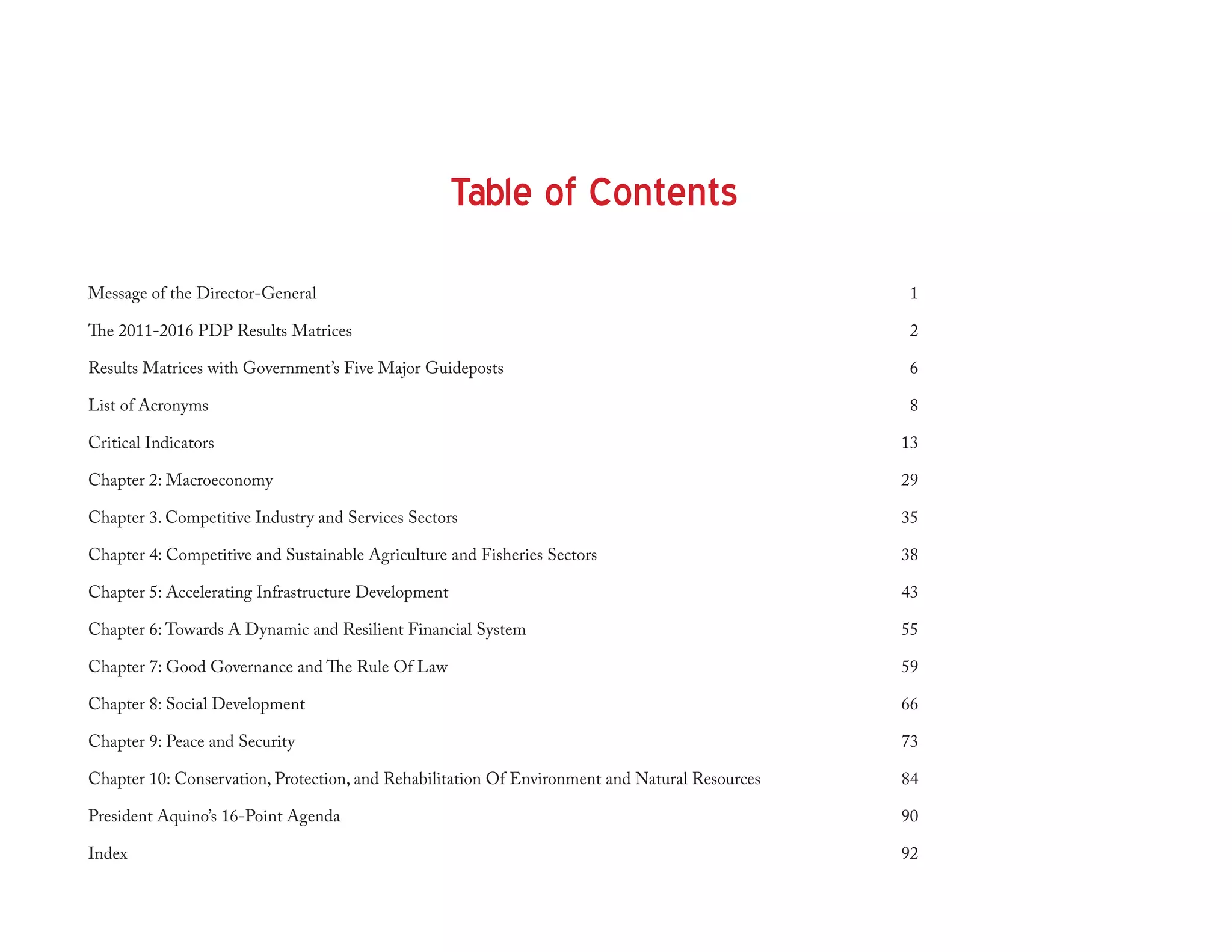 Table of Contents
Message of the Director-General                                                                                     1

The 2011-2016 PDP Results Matrices                                                                                  2

Results Matrices with Government’s Five Major Guideposts                                                            6

List of Acronyms                                                                                                    8

Critical Indicators                                                                                                13

Chapter 2: Macroeconomy                                                                                            29

Chapter 3. Competitive Industry and Services Sectors                                                               35

Chapter 4: Competitive and Sustainable Agriculture and Fisheries Sectors                                           38

Chapter 5: Accelerating Infrastructure Development                                                                 43

Chapter 6: Towards A Dynamic and Resilient Financial System                                                        55

Chapter 7: Good Governance and The Rule Of Law                                                                     59

Chapter 8: Social Development                                                                                      66

Chapter 9: Peace and Security                                                                                      73

Chapter 10: Conservation, Protection, and Rehabilitation Of Environment and Natural Resources                      84

President Aquino’s 16-Point Agenda                                                                                 90

Index                                                                                                              92

                                                                              The 2011-2016 Philippine Development Plan Results Matrices   5
 
