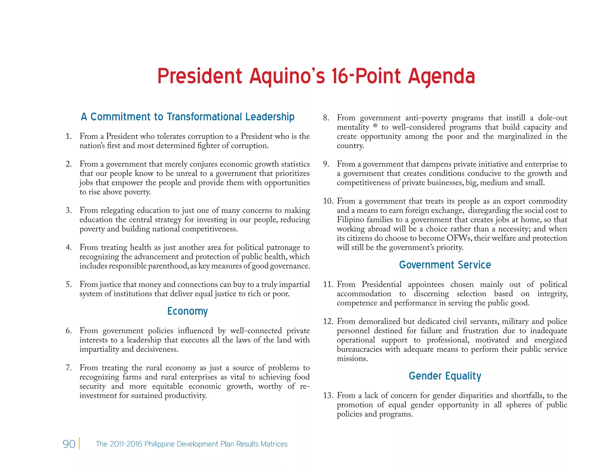President Aquino’s 16-Point Agenda
     A Commitment to Transformational Leadership                           8. From government anti-poverty programs that instill a dole-out
                                                                              mentality ® to well-considered programs that build capacity and
1. From a President who tolerates corruption to a President who is the        create opportunity among the poor and the marginalized in the
   nation’s first and most determined fighter of corruption.                  country.

2. From a government that merely conjures economic growth statistics       9. From a government that dampens private initiative and enterprise to
   that our people know to be unreal to a government that prioritizes         a government that creates conditions conducive to the growth and
   jobs that empower the people and provide them with opportunities           competitiveness of private businesses, big, medium and small.
   to rise above poverty.
                                                                           10. From a government that treats its people as an export commodity
3. From relegating education to just one of many concerns to making            and a means to earn foreign exchange,  disregarding the social cost to
   education the central strategy for investing in our people, reducing        Filipino families to a government that creates jobs at home, so that
   poverty and building national competitiveness.                              working abroad will be a choice rather than a necessity; and when
                                                                               its citizens do choose to become OFWs, their welfare and protection
4. From treating health as just another area for political patronage to        will still be the government’s priority.
   recognizing the advancement and protection of public health, which
   includes responsible parenthood, as key measures of good governance.                           Government Service
5. From justice that money and connections can buy to a truly impartial    11. From Presidential appointees chosen mainly out of political
   system of institutions that deliver equal justice to rich or poor.          accommodation to discerning selection based on integrity,
                                                                               competence and performance in serving the public good.
                             Economy
                                                                           12. From demoralized but dedicated civil servants, military and police
6. From government policies influenced by well-connected private               personnel destined for failure and frustration due to inadequate
   interests to a leadership that executes all the laws of the land with       operational support to professional, motivated and energized
   impartiality and decisiveness.                                              bureaucracies with adequate means to perform their public service
                                                                               missions.
7. From treating the rural economy as just a source of problems to
   recognizing farms and rural enterprises as vital to achieving food                               Gender Equality
   security and more equitable economic growth, worthy of re-
   investment for sustained productivity.                                  13. From a lack of concern for gender disparities and shortfalls, to the
                                                                               promotion of equal gender opportunity in all spheres of public
                                                                               policies and programs.


90      The 2011-2016 Philippine Development Plan Results Matrices
 