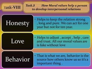 Task.3     How Moral values help a person
Task-VIII       to develop interpersonal relations


                 • Helps to keep the relation strong
Honesty            , long and pure. We can act for one
                   year but not for ten year.


                 • Helps to adjust , accept , help , care
   Love            and trust. All our moral values are
                   is fake without love


                 • That is what we are, behavior is the
Behavior           source how others know us so it’s a
                   important thing .
 