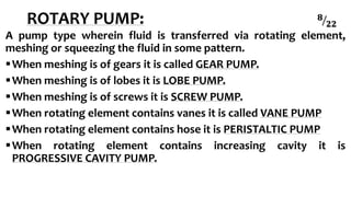 ROTARY PUMP:
A pump type wherein fluid is transferred via rotating element,
meshing or squeezing the fluid in some pattern.
When meshing is of gears it is called GEAR PUMP.
When meshing is of lobes it is LOBE PUMP.
When meshing is of screws it is SCREW PUMP.
When rotating element contains vanes it is called VANE PUMP
When rotating element contains hose it is PERISTALTIC PUMP
When rotating element contains increasing cavity it is
PROGRESSIVE CAVITY PUMP.
𝟖
𝟐𝟐
 