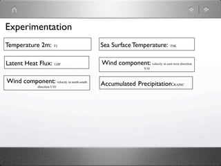 Experimentation
Temperature 2m:           T2              Sea Surface Temperature:           TSK




Latent Heat Flux:         LHF             Wind component: velocity in east-west direction
                                                                V10



Wind component: velocity in north-south   Accumulated Precipitation:RAINC
               direction U10
 