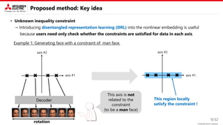 © Mitsubishi Electric Corporation
Proposed method: Key idea
• Unknown inequality constraint
→ Introducing disentangled representation learning (DRL) into the nonlinear embedding is useful
because users need only check whether the constraints are satisfied for data in each axis.
9/32
Example 1: Generating face with a constraint of man face.
Decoder This region locally
satisfy the constraint !
This axis is not
related to the
constraint
(to be a man face)
axis #1
axis #1
axis #2
axis #2
rotation
 