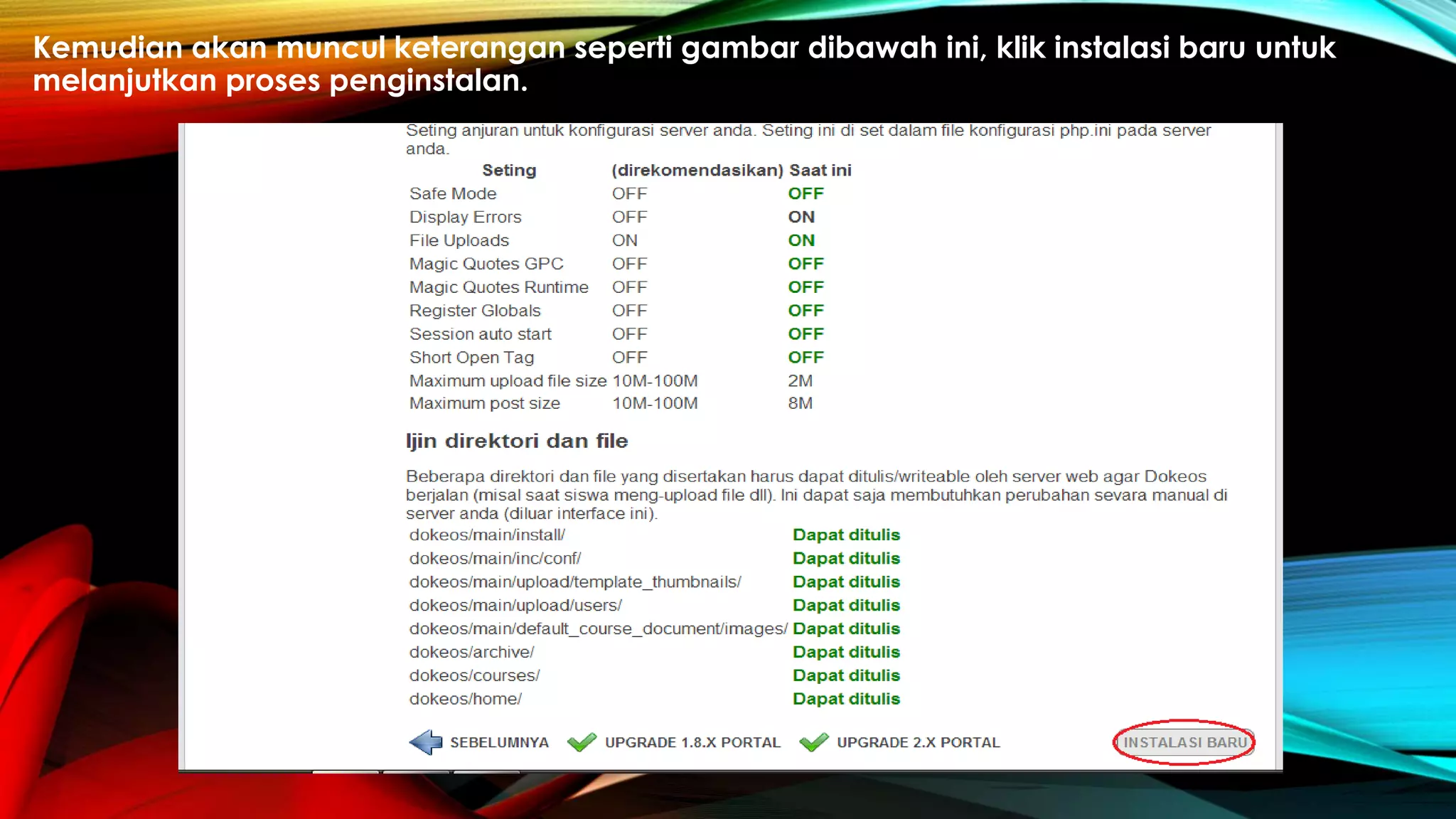 Kemudian akan muncul keterangan seperti gambar dibawah ini, klik instalasi baru untuk
melanjutkan proses penginstalan.
 
