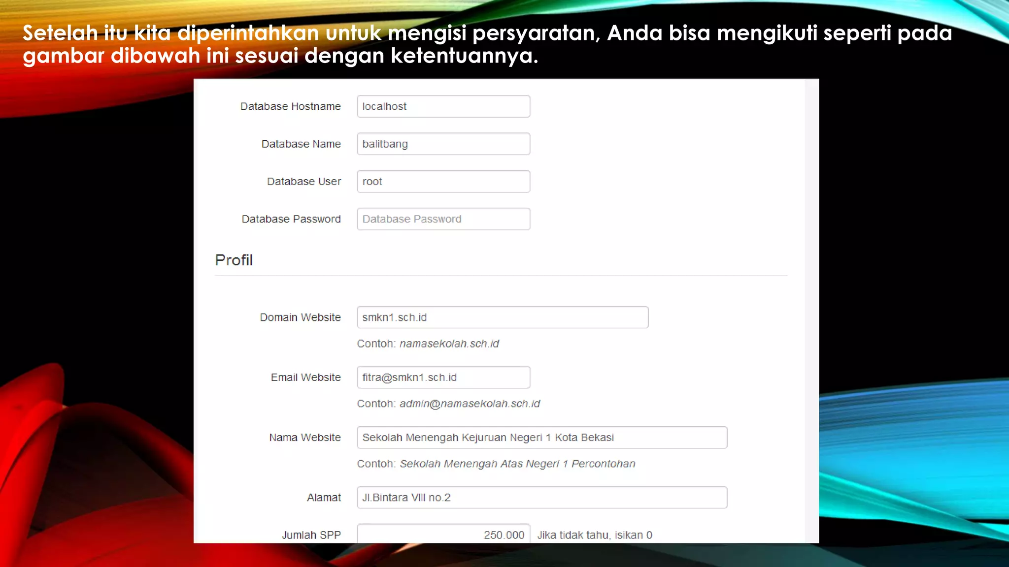 Setelah itu kita diperintahkan untuk mengisi persyaratan, Anda bisa mengikuti seperti pada
gambar dibawah ini sesuai dengan ketentuannya.
 