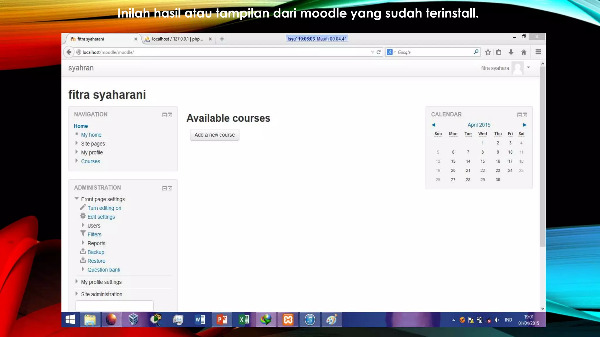 Inilah hasil atau tampilan dari moodle yang sudah terinstall.
 