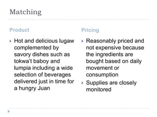 Matching

Product                          Pricing

   Hot and delicious lugaw         Reasonably priced and
    complemented by                  not expensive because
    savory dishes such as            the ingredients are
    tokwa’t baboy and                bought based on daily
    lumpia including a wide          movement or
    selection of beverages           consumption
    delivered just in time for      Supplies are closely
    a hungry Juan                    monitored
 