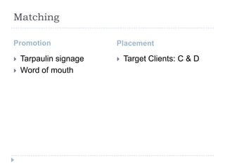 Matching

Promotion               Placement

   Tarpaulin signage      Target Clients: C & D
   Word of mouth
 