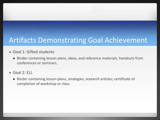 Artifacts Demonstrating Goal Achievement
   Goal 1: Gifted students
       Binder containing lesson plans, ideas, and reference materials; handouts from
        conferences or seminars.

   Goal 2: ELL
       Binder containing lesson plans, strategies, research articles; certificate of
        completion of workshop or class.
 