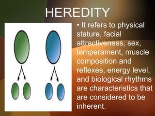 HEREDITY
• It refers to physical
stature, facial
attractiveness, sex,
temperament, muscle
composition and
reflexes, energy level,
and biological rhythms
are characteristics that
are considered to be
inherent.
 