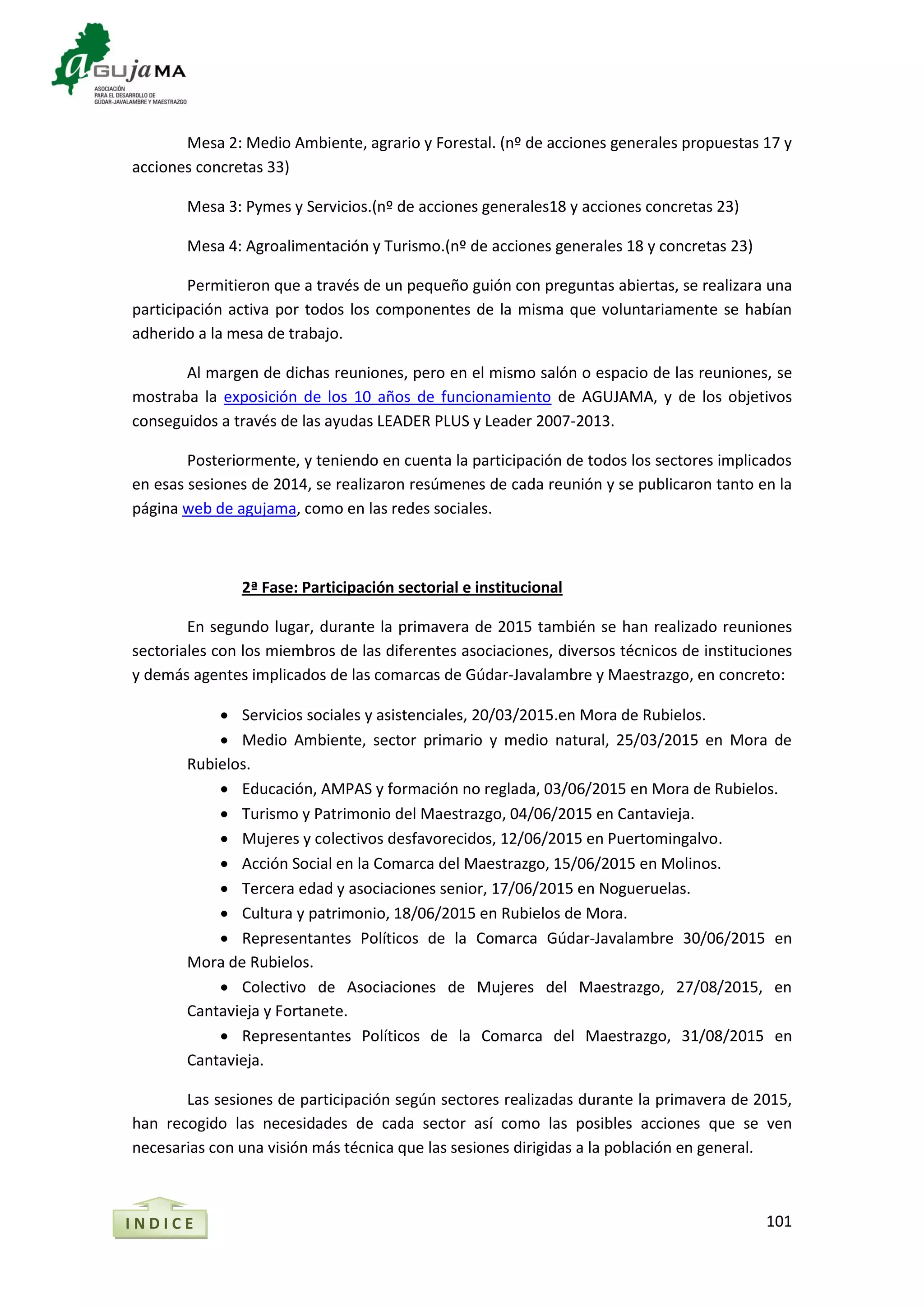 101
Mesa 2: Medio Ambiente, agrario y Forestal. (nº de acciones generales propuestas 17 y
acciones concretas 33)
Mesa 3: Pymes y Servicios.(nº de acciones generales18 y acciones concretas 23)
Mesa 4: Agroalimentación y Turismo.(nº de acciones generales 18 y concretas 23)
Permitieron que a través de un pequeño guión con preguntas abiertas, se realizara una
participación activa por todos los componentes de la misma que voluntariamente se habían
adherido a la mesa de trabajo.
Al margen de dichas reuniones, pero en el mismo salón o espacio de las reuniones, se
mostraba la exposición de los 10 años de funcionamiento de AGUJAMA, y de los objetivos
conseguidos a través de las ayudas LEADER PLUS y Leader 2007-2013.
Posteriormente, y teniendo en cuenta la participación de todos los sectores implicados
en esas sesiones de 2014, se realizaron resúmenes de cada reunión y se publicaron tanto en la
página web de agujama, como en las redes sociales.
2ª Fase: Participación sectorial e institucional
En segundo lugar, durante la primavera de 2015 también se han realizado reuniones
sectoriales con los miembros de las diferentes asociaciones, diversos técnicos de instituciones
y demás agentes implicados de las comarcas de Gúdar-Javalambre y Maestrazgo, en concreto:
 Servicios sociales y asistenciales, 20/03/2015.en Mora de Rubielos.
 Medio Ambiente, sector primario y medio natural, 25/03/2015 en Mora de
Rubielos.
 Educación, AMPAS y formación no reglada, 03/06/2015 en Mora de Rubielos.
 Turismo y Patrimonio del Maestrazgo, 04/06/2015 en Cantavieja.
 Mujeres y colectivos desfavorecidos, 12/06/2015 en Puertomingalvo.
 Acción Social en la Comarca del Maestrazgo, 15/06/2015 en Molinos.
 Tercera edad y asociaciones senior, 17/06/2015 en Nogueruelas.
 Cultura y patrimonio, 18/06/2015 en Rubielos de Mora.
 Representantes Políticos de la Comarca Gúdar-Javalambre 30/06/2015 en
Mora de Rubielos.
 Colectivo de Asociaciones de Mujeres del Maestrazgo, 27/08/2015, en
Cantavieja y Fortanete.
 Representantes Políticos de la Comarca del Maestrazgo, 31/08/2015 en
Cantavieja.
Las sesiones de participación según sectores realizadas durante la primavera de 2015,
han recogido las necesidades de cada sector así como las posibles acciones que se ven
necesarias con una visión más técnica que las sesiones dirigidas a la población en general.
I N D I C E
 