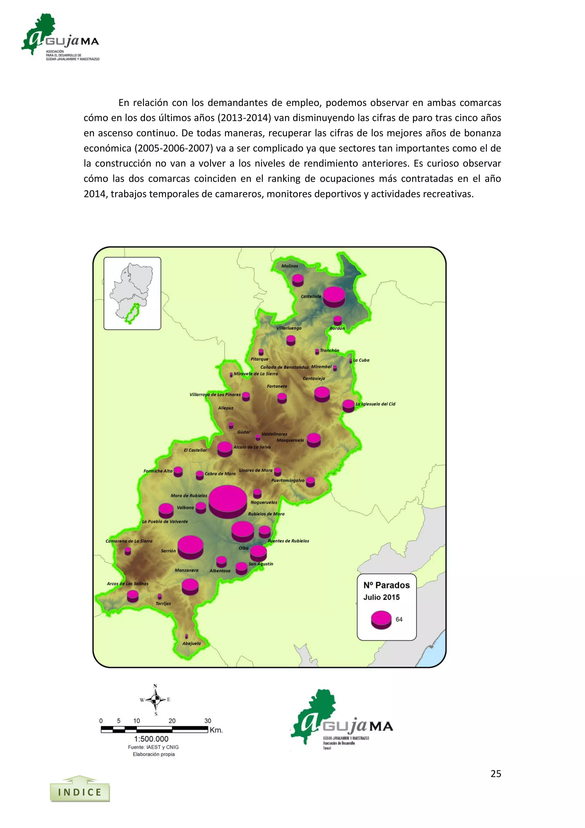 25
I N D I C E
En relación con los demandantes de empleo, podemos observar en ambas comarcas
cómo en los dos últimos años (2013-2014) van disminuyendo las cifras de paro tras cinco años
en ascenso continuo. De todas maneras, recuperar las cifras de los mejores años de bonanza
económica (2005-2006-2007) va a ser complicado ya que sectores tan importantes como el de
la construcción no van a volver a los niveles de rendimiento anteriores. Es curioso observar
cómo las dos comarcas coinciden en el ranking de ocupaciones más contratadas en el año
2014, trabajos temporales de camareros, monitores deportivos y actividades recreativas.
 