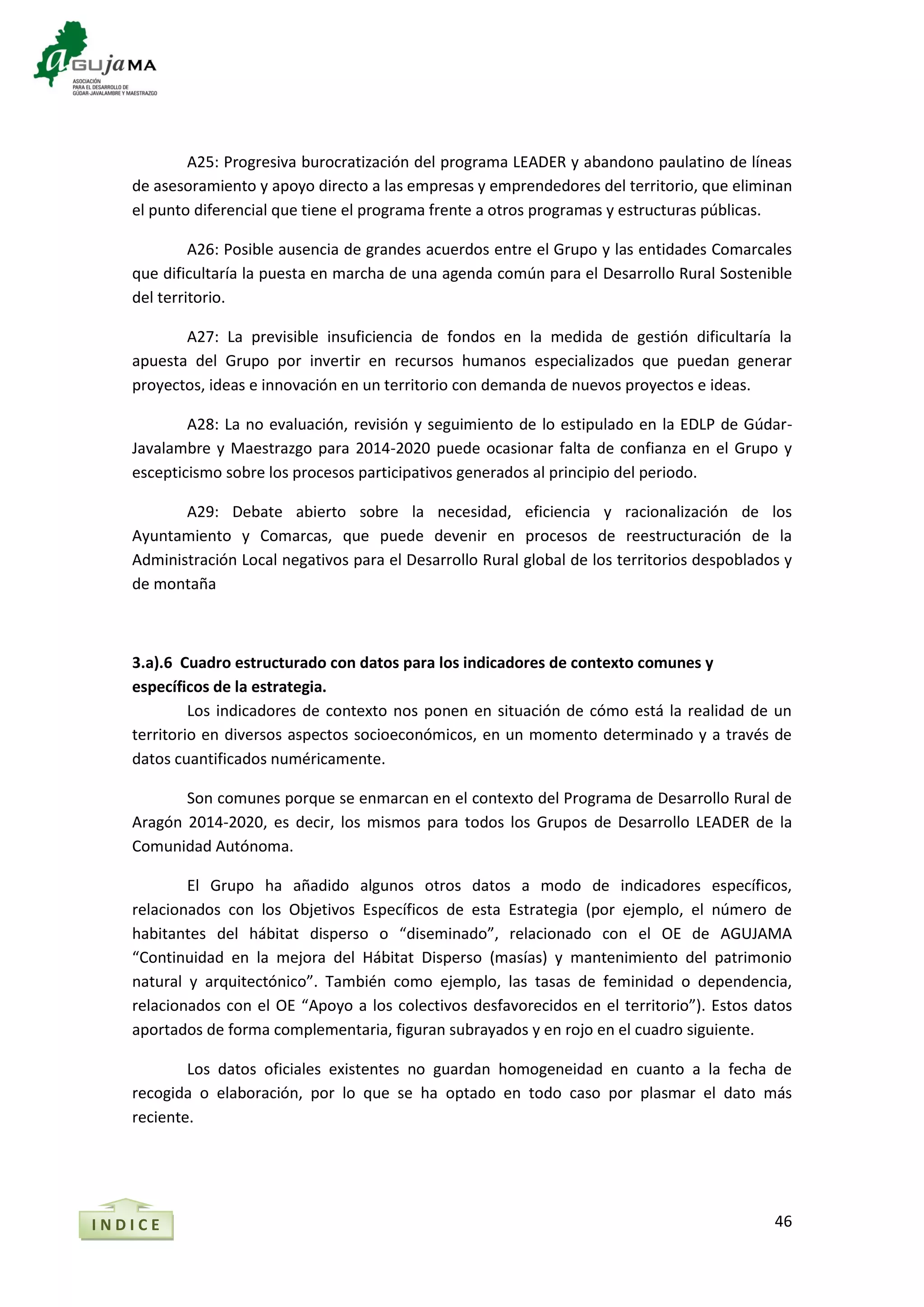 46
A25: Progresiva burocratización del programa LEADER y abandono paulatino de líneas
de asesoramiento y apoyo directo a las empresas y emprendedores del territorio, que eliminan
el punto diferencial que tiene el programa frente a otros programas y estructuras públicas.
A26: Posible ausencia de grandes acuerdos entre el Grupo y las entidades Comarcales
que dificultaría la puesta en marcha de una agenda común para el Desarrollo Rural Sostenible
del territorio.
A27: La previsible insuficiencia de fondos en la medida de gestión dificultaría la
apuesta del Grupo por invertir en recursos humanos especializados que puedan generar
proyectos, ideas e innovación en un territorio con demanda de nuevos proyectos e ideas.
A28: La no evaluación, revisión y seguimiento de lo estipulado en la EDLP de Gúdar-
Javalambre y Maestrazgo para 2014-2020 puede ocasionar falta de confianza en el Grupo y
escepticismo sobre los procesos participativos generados al principio del periodo.
A29: Debate abierto sobre la necesidad, eficiencia y racionalización de los
Ayuntamiento y Comarcas, que puede devenir en procesos de reestructuración de la
Administración Local negativos para el Desarrollo Rural global de los territorios despoblados y
de montaña
3.a).6 Cuadro estructurado con datos para los indicadores de contexto comunes y
específicos de la estrategia.
Los indicadores de contexto nos ponen en situación de cómo está la realidad de un
territorio en diversos aspectos socioeconómicos, en un momento determinado y a través de
datos cuantificados numéricamente.
Son comunes porque se enmarcan en el contexto del Programa de Desarrollo Rural de
Aragón 2014-2020, es decir, los mismos para todos los Grupos de Desarrollo LEADER de la
Comunidad Autónoma.
El Grupo ha añadido algunos otros datos a modo de indicadores específicos,
relacionados con los Objetivos Específicos de esta Estrategia (por ejemplo, el número de
habitantes del hábitat disperso o “diseminado”, relacionado con el OE de AGUJAMA
“Continuidad en la mejora del Hábitat Disperso (masías) y mantenimiento del patrimonio
natural y arquitectónico”. También como ejemplo, las tasas de feminidad o dependencia,
relacionados con el OE “Apoyo a los colectivos desfavorecidos en el territorio”). Estos datos
aportados de forma complementaria, figuran subrayados y en rojo en el cuadro siguiente.
Los datos oficiales existentes no guardan homogeneidad en cuanto a la fecha de
recogida o elaboración, por lo que se ha optado en todo caso por plasmar el dato más
reciente.
I N D I C E
 