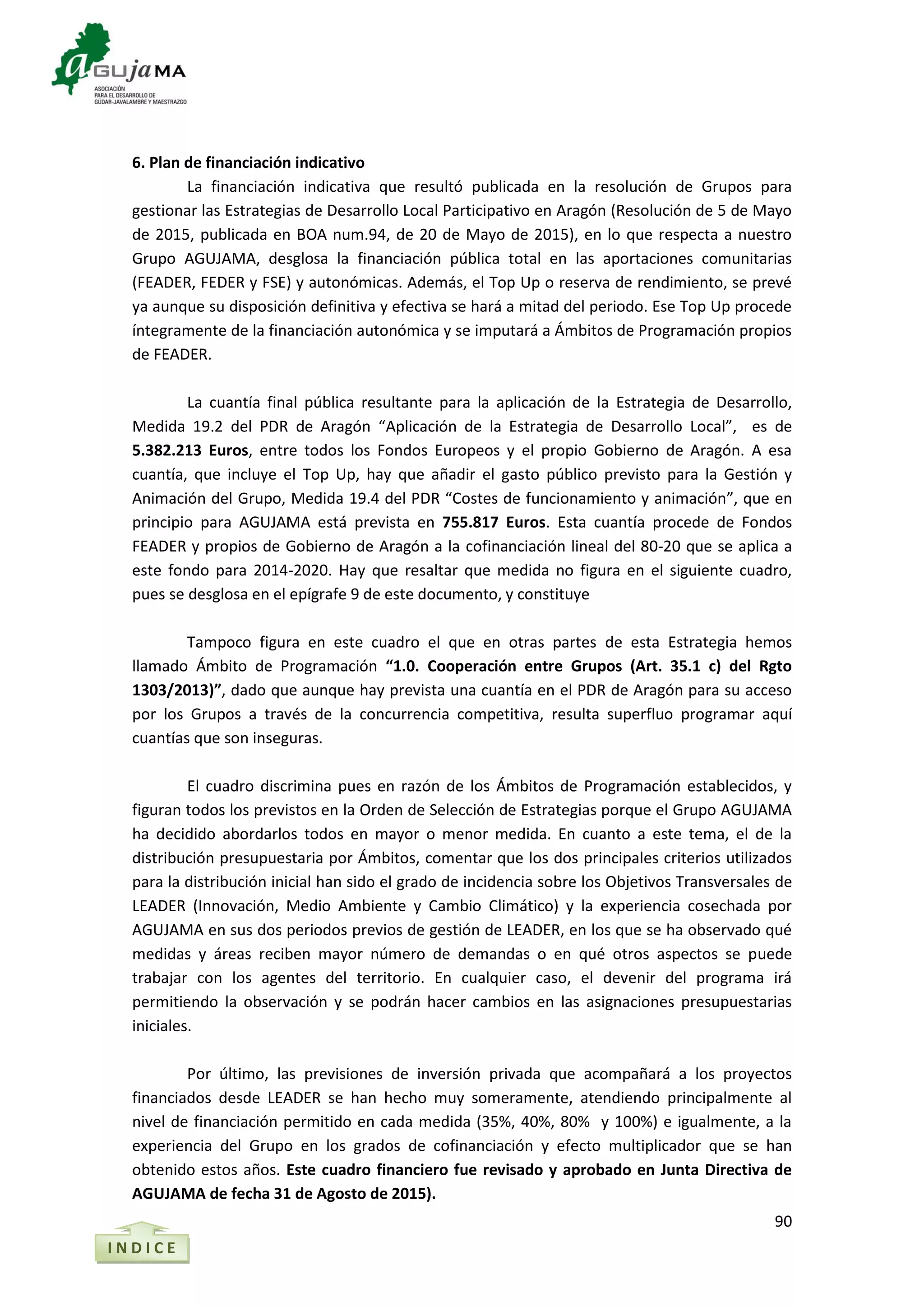 90
6. Plan de financiación indicativo
La financiación indicativa que resultó publicada en la resolución de Grupos para
gestionar las Estrategias de Desarrollo Local Participativo en Aragón (Resolución de 5 de Mayo
de 2015, publicada en BOA num.94, de 20 de Mayo de 2015), en lo que respecta a nuestro
Grupo AGUJAMA, desglosa la financiación pública total en las aportaciones comunitarias
(FEADER, FEDER y FSE) y autonómicas. Además, el Top Up o reserva de rendimiento, se prevé
ya aunque su disposición definitiva y efectiva se hará a mitad del periodo. Ese Top Up procede
íntegramente de la financiación autonómica y se imputará a Ámbitos de Programación propios
de FEADER.
La cuantía final pública resultante para la aplicación de la Estrategia de Desarrollo,
Medida 19.2 del PDR de Aragón “Aplicación de la Estrategia de Desarrollo Local”, es de
5.382.213 Euros, entre todos los Fondos Europeos y el propio Gobierno de Aragón. A esa
cuantía, que incluye el Top Up, hay que añadir el gasto público previsto para la Gestión y
Animación del Grupo, Medida 19.4 del PDR “Costes de funcionamiento y animación”, que en
principio para AGUJAMA está prevista en 755.817 Euros. Esta cuantía procede de Fondos
FEADER y propios de Gobierno de Aragón a la cofinanciación lineal del 80-20 que se aplica a
este fondo para 2014-2020. Hay que resaltar que medida no figura en el siguiente cuadro,
pues se desglosa en el epígrafe 9 de este documento, y constituye
Tampoco figura en este cuadro el que en otras partes de esta Estrategia hemos
llamado Ámbito de Programación “1.0. Cooperación entre Grupos (Art. 35.1 c) del Rgto
1303/2013)”, dado que aunque hay prevista una cuantía en el PDR de Aragón para su acceso
por los Grupos a través de la concurrencia competitiva, resulta superfluo programar aquí
cuantías que son inseguras.
El cuadro discrimina pues en razón de los Ámbitos de Programación establecidos, y
figuran todos los previstos en la Orden de Selección de Estrategias porque el Grupo AGUJAMA
ha decidido abordarlos todos en mayor o menor medida. En cuanto a este tema, el de la
distribución presupuestaria por Ámbitos, comentar que los dos principales criterios utilizados
para la distribución inicial han sido el grado de incidencia sobre los Objetivos Transversales de
LEADER (Innovación, Medio Ambiente y Cambio Climático) y la experiencia cosechada por
AGUJAMA en sus dos periodos previos de gestión de LEADER, en los que se ha observado qué
medidas y áreas reciben mayor número de demandas o en qué otros aspectos se puede
trabajar con los agentes del territorio. En cualquier caso, el devenir del programa irá
permitiendo la observación y se podrán hacer cambios en las asignaciones presupuestarias
iniciales.
Por último, las previsiones de inversión privada que acompañará a los proyectos
financiados desde LEADER se han hecho muy someramente, atendiendo principalmente al
nivel de financiación permitido en cada medida (35%, 40%, 80% y 100%) e igualmente, a la
experiencia del Grupo en los grados de cofinanciación y efecto multiplicador que se han
obtenido estos años. Este cuadro financiero fue revisado y aprobado en Junta Directiva de
AGUJAMA de fecha 31 de Agosto de 2015).
I N D I C E
 