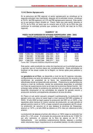 PLAN DE DESARROLLO REGIONAL CONCERTADO DE PASCO 2007 – 2015 
1.2.4.2 Sector Agropecuario 
En la estructura del PBI regional, el sector agropecuario se constituye en la 
segunda actividad más importante, después de la actividad minera; constituye 
el 18.5% del PBI regional y el 2.3% del PBI agropecuario nacional. Este sector 
es la que genera mayor empleo en Pasco, dado que este sector absorbe el 
37.7% de la PEA, en tanto que la minería solo el 6.2% de la PEA (las dos 
conforman la actividad primaria que contiene el 43.9% del total de la PEA 
regional). 
PASCO: VALOR AGREDADO DE ACTIVIDAD AGROPECUARIA 1998 – 2001 
(Valores a Precios Constantes de 1994) – (Miles de Nuevos Soles) 
Sub Gerencia de Planificación Estratégica 
CUADRO N° 33 
34 
AÑO 
P.B.I. 
DPTAL. 
Valor Agregado de la 
Actividad 
Agropecuaria 
Part. 
% en 
PBI 
Dptal. 
1/ 
Particip. 
% 
en Valor 
Agregado 
Total del 
Sector 
2/ 
Var % Anual 
del Valor 
Agregado 
Agropecuaria 
Dptal PAIS DPTAL. 
1998 
1999 
2000 
2001 
1’239,153 
1’302,681 
1’308,973 
1’346,320 
9’239,886 
10’382,950 
10’972,589 
10’903,394 
232,048 
294,129 
295,884 
249,277 
18.7 
22.6 
22.6 
18.5 
2.5 
2.8 
2.7 
2.3 
9.90 
26.8 
0.60 
-15.8 
Fuente: INEI - Compendio Estadístico Departamental 2005 
Este sector, está constituido (en orden de importancia) por la actividad pecuaria 
y agrícola, que en muchos casos son complementarios. Estas actividades se 
localizan en las áreas rurales de la Región, en tierras aptas para pastoreo y 
cultivos. 
La ganadería en el Perú, se desarrolla a nivel de las 03 regiones naturales, 
configurándose una serie de sistemas y modos de producción de acuerdo a las 
condiciones de propiedad de la tierra, las características geográficas 
altitudinales donde se desarrolla esta actividad. Predonima la característica de 
crianza a nivel de minifundio, donde los productores desarrollan la actividad 
con fines de supervivencia como es el caso de la provincia Daniel Carrión. Sin 
embargo cabe señalar la existencia de sectores con un grado de avanzado de 
desarrollo empresarial en las actividades de engorde de ganado vacuno y 
producción de leche, principalmente ubicadas en la zona de selva. 
En Pasco el sub sector pecuario prosperó cuantiosamente, la producción del 
ganado ovino nos ubica en sexto lugar a nivel nacional (947,800 unidades el 
2005). El año 2002 se logró superar la producción del 2001 en un 325%, y los 
siguientes años mantuvo el mismo volumen de producción, en este periodo el 
ganado porcino creció un 127% y luego conservó una progresión del 5% anual. 
La producción de vacunos en el que destaca la provincia de Oxapampa, 
alcanzó un 147%, y el año 2004 se obtiene un 21% más con referencia al año 
anterior. 
La producción de alpacas el primer año obtuvo un 192% luego su evolución fue 
entre 2% y 12% anual. El promedio de producción de leche es de 17,800 Tm 
por año; asimismo, el volumen de la fibra de alpaca es de 47 Tm, 
habitualmente. Los camélidos sudamericanos (llamas, alpacas y vicuñas) 
están retomando mayor importancia en la actualidad debido a la alta cotización 
 
