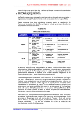 PLAN DE DESARROLLO REGIONAL CONCERTADO DE PASCO 2007 – 2015 
divisoria de aguas entre los ríos Pachitea y Ucayali, presentando pendientes 
suaves en la vertiente occidental. 
Sub Gerencia de Planificación Estratégica 
8 
d. Clima, Altitud y Seguridad Física 
La Región muestra una topografía muy heterogénea desde la sierra, con altas y 
agrestes cumbres (27% del territorio) hasta la selva con tierras bajas (73%). 
Pasco presenta cinco tipos climáticos variables, según la clasificación de 
Kopenn, a los cuales les identifica un tipo de paisaje y corresponde algunas 
seguridades físicas a considerar. 
CUADRO Nº 3 
UNIDADES FISIOGRAFICAS 
PROVINCIA 
FISIOGRÁFICA 
PROVINCIA 
CLIMÁTICA GRANDES PAISAJES SEGURIDAD FÍSICA 
SIERRA 
B1 CLIMA TEMPLADO 
SUB HÚMEDO 
(2000 – 3000 
m.s.n.m.) 
B.11 LADERA DE 
MONTAÑA 
Desprendimiento de 
rocas, erosión fluvial 
B2 CLIMA FRIO 
BOREAL 
(3000 – 4500 
m.s.n.m.) 
B.21 MONTAÑA ALTO 
ANDINA 
Desprendimiento de 
rocas. 
B4 CLIMA DE NIEVE 
(4500 – 5723 
m.s.n.m.) 
B.31 MONTAÑA DE 
GLACIARES 
Desprendimiento de 
rocas. 
SELVA 
C1 CLIMA SEMI 
CALIDO MUY 
HÚMEDO 
(2,000 a 500 
m.s.n.m.) 
C.11 LADERAS DE 
MONTAÑA 
DE SELVA ALTA 
Huaycos, derrumbes, 
deslizamientos, 
Inundaciones. 
C2 CLIMA CALIDO 
HÚMEDO 
(Menos de 500 
m.s.n.m) 
C 21 LLANURA 
AMAZÓNICA 
Erosión fluvial, 
inundaciones 
El espacio geográfico del departamento de Pasco, como consecuencia de la 
diversidad de unidades fisiográficas, geológicas, climáticas y por su ubicación 
en la llamada “Nudo de Pasco”, presenta un cuadro de procesos de fenómenos 
geodinámicos externos e internos, que causan impactos negativos en el 
desarrollo económico y social del ámbito departamental. 
La sierra se presenta accidentada por la presencia de las cordilleras, que llegan 
del sur y convergen en esta zona, naciendo asimismo ramales cordilleranos 
hacia el norte, produciendo una serie de fenómenos geodinámicos externos en 
estas cordilleras, en donde existen lagunas de origen glaciar, así como zonas 
pantanosas. En la provincia de Pasco, los procesos geodinámicos externos que 
se producen por la vulnerabilidad del suelo en la sub cuenca de río Huariaca, 
en la sub cuenca del río Paucartambo y en la cuenca del río de Mantaro. En la 
provincia de Daniel Carrión en todo el ámbito se producen deslizamientos, 
derrumbes, huaycos desprendimientos de rocas. 
En la selva, los principales fenómenos geodinámico externos, están asociados 
a huaycos, deslizamientos e inundaciones, debido a las precipitaciones. En la 
provincia de Oxapampa, en la sub cuenca del río Pozuzo. En la sub cuenca 
del río Palcazu, se producen huaycos, inundaciones, erosión fluvial, erosión de 
laderas derrumbes. En las sub cuencas de Pichis se producen las 
inundaciones, erosión fluvial y coluvial. 
 