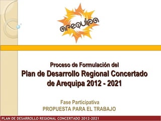 Proceso de Formulación del
         Plan de Desarrollo Regional Concertado
                 de Arequipa 2012 - 2021

                         Fase Participativa
                    PROPUESTA PARA EL TRABAJO
PLAN DE DESARROLLO REGIONAL CONCERTADO 2012-2021
 