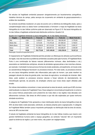 108
Os estudos de fragilidade ambiental passaram obrigatoriamente por levantamentos cartográficos,
trabalhos técnicos de campo, pelos serviços de cruzamento em ambiente de geoprocessamento e
análise dos resultados.
As variáveis escolhidas receberam um peso de acordo com a referência da bibliografia citada, após a
complementação todos os dados foram correlacionados e formaram o mapa de fragilidade da bacia
hidrográfica do rio das Velhas conforme pode ser observado na Figura 5.15. Na bacia hidrográfica do
rio das Velhas a fragilidade ambiental está distribuída conforme o Quadro 5.8.
Quadro 5.8: Fragilidade Ambiental na bacia hidrográfica do rio das Velhas (hectares).
Região Muito Fraca (1) Fraca (2) Média (3) Forte (4) Muito Forte (5)
Alto 0,00 3.229,07 78.617,34 188.350,49 3.778,26
Médio Alto 0,00 4.612,85 115.375,26 301.865,04 5.748,61
Médio Baixo 10,96 103.538,55 421.510,26 688.773,63 6.583,37
Baixo 0,00 71.395,21 385.897,93 403.266,87 2.446,99
Total 10,96 182.775,68 1.001.400,80 1.582.256,04 18.557,23
Elaboração: Consórcio Ecoplan/Skill (2013).
O mapeamento da Fragilidade Ambiental permite perceber as diferenças de atributos químicos/físicos
da região, mas não esconde os problemas ambientais causados pela ação humana. A Fragilidade Muito
Forte é uma combinação de fatores naturais (afloramentos rochosos, altas declividades e etc.)
associados as interferências antrópicas, através de atividades agropecuárias e das manchas urbanas,
por exemplo. A atividade humana provoca formas de erosão acelerada, principalmente, em locais onde
as características litológicas favorecem os processos erosivos. Por esta razão, os processos erosivos
de uma bacia hidrográfica também são influenciados pela ação do homem, que pode interferir na
paisagem através de obras de grande porte, nas áreas de agricultura, na extração de minerais. Além
disso, pode acelerar os processos erosivos naturais e forçar (através do desmatamento, da
intensificação agrícola, da pecuária, da ampliação urbana) que novas áreas sejam afetadas pela
erosão.
Os índices intermediários concentram o maior percentual na área de estudo, sendo que 6,56% da área
está localizado na classe de Fragilidade Fraca. Essa categoria é encontrada principalmente no entorno
dos cursos hídricos preservados (com predomínio de mata ciliar) e nas regiões mais elevadas com
afloramentos rochosos. São áreas de difícil acesso e que não são exploradas por quase nenhuma
atividade econômica.
A categoria de Fragilidade Forte apresenta a maior distribuição dentro da bacia hidrográfica (mais de
55% da área total) e está associada, sobretudo, as classes próprias para a agropecuária. A categoria
de Fragilidade Média também possui importante participação na distribuição total da área de estudo,
cerca de 36% da área total.
O estudo de fragilidade ambiental da bacia hidrográfica do rio das Velhas mostrou que mesmo com
grande interferência humana sobre o espaço geográfico, as variáveis “naturais” têm um importante
papel na dinâmica da região e, por este motivo, não podem ser negligenciadas.
 