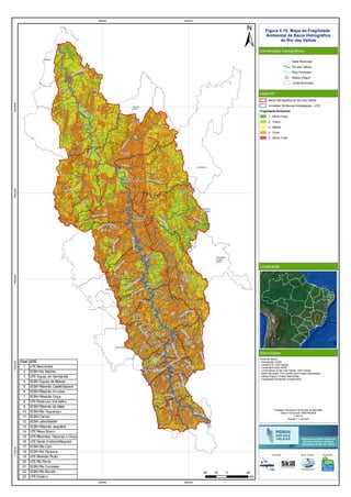 RioVermelho
Rio
T
aquaraçu
R
io
Jabuticatubas
Rio do Peixe
Rio Pardo Pequeno
Ribeirão Sabará
Rio das Velhas
R
ibeirão
da
O
nça
Ribeirão Jequitibá
Ribeirão Arrudas
Córreg
o
Caeté
RioItabirito
RibeirãodaPrata
Ribeirão
d
a
M
ata
Rio Paraúna
RioCurimataí
Ribeirão do Corrente
Ribeirão
da
O
nça
RibeirãoVermelho
Rio
das Velhas
Ribeirão das Tabocas
RioCipó
Ribeir
ãodaPrata
RioBicudo
RibeirãoMaqui
né
R
ibeirão Santo Antônio
Ribeirão do Picão
Rio Pardo
Rio do Peixe
RiodasVelhas
2
9
11
16
23
5
4
6
7
13
15
19
21
22
17
1
3
10
8
12
14
18
20
Araçaí
Augusto
de Lima
Baldim
Belo
Horizonte
Buenópolis
Caeté
Capim
Branco
Conceição
do Mato
Dentro
Confins
Congonhas
do Norte
Contagem
Cordisburgo
Corinto
Curvelo
Datas
Diamantina
Esmeraldas
Funilândia
Gouveia
Inimutaba
Itabirito
Jaboticatubas
Jequitibá
Joaquim
Felício
Lagoa Santa
Lassance
Matozinhos
Monjolos
Morro da
Garça
Nova
Lima
Nova
União
Ouro
Preto
Paraopeba
Pedro
Leopoldo
Pirapora
Presidente
Juscelino
Presidente
Kubitschek
Prudente
de Morais
Raposos
Ribeirão
das Neves
Rio
Acima
Sabará
Santa
Luzia
Santana de
Pirapama
Santana
do Riacho
Santo
Hipólito
São José
da Lapa
Sete
Lagoas
Taquaraçu
de Minas
Várzea
da Palma
Vespasiano
560000
560000
640000
640000
77200007800000788000079600008040000
Figura 5.15: Mapa de Fragilidade
Ambiental da Bacia Hidrográfica
do Rio das Velhas
Convenções Cartográficas
Legenda
Localização
Informações
Sede Municipal
Rio das Velhas
Rios Principais
Massa d'água
Limite Municipal
Bacia Hidrográfica do Rio das Velhas
Unidades Territoriais Estratégicas - UTE
Fragilidade Ambiental
1 - Muito Fraca
2 - Fraca
3 - Média
4 - Forte
5 - Muito Forte
Fonte de dados:
- Hidrografia: IGAM
- Limite UTE: CBH Velhas
- Limite Municipal: IBGE
- Limite Bacia do Rio das Velhas: CBH Velhas
- Sede Municipal: IGA (cedido pelo Projeto Manuelzão)
- Massa d'água: Projeto Manuelzão
- Fragilidade Ambiental: Ecoplan/Skill
20 0 2010
km
Cód. UTE
1 UTE Nascentes
2 SCBH Rio Itabirito
3 UTE Águas do Gandarela
4 SCBH Águas da Moeda
5 SCBH Ribeirão Caeté/Sabará
6 SCBH Ribeirão Arrudas
7 SCBH Ribeirão Onça
8 UTE Poderoso Vermelho
9 SCBH Ribeirão da Mata
10 SCBH Rio Taquaraçu
11 SCBH Carste
12 SCBH Jabo/Baldim
13 SCBH Ribeirão Jequitibá
14 UTE Peixe Bravo
15 UTE Ribeirões Tabocas e Onça
16 UTE Santo Antônio/Maquiné
17 SCBH Rio Cipó
18 SCBH Rio Paraúna
19 UTE Ribeirão Picão
20 UTE Rio Pardo
21 SCBH Rio Curimataí
22 SCBH Rio Bicudo
23 UTE Guaicuí
Execução Apoio Técnico Realização
Projeção Universal Transversa de Mercator
Datum Horizontal: SIRGAS2000
Fuso:23
Escala 1:1.100.000
 
