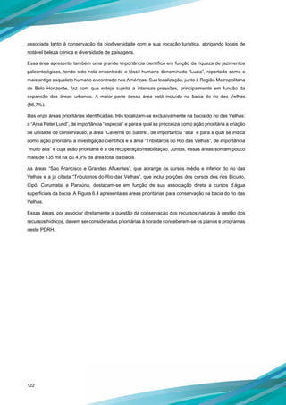 122
associada tanto à conservação da biodiversidade com a sua vocação turística, abrigando locais de
notável beleza cênica e diversidade de paisagens.
Essa área apresenta também uma grande importância científica em função da riqueza de jazimentos
paleontológicos, tendo sido nela encontrado o fóssil humano denominado “Luzia”, reportado como o
mais antigo esqueleto humano encontrado nas Américas. Sua localização, junto à Região Metropolitana
de Belo Horizonte, faz com que esteja sujeita a intensas pressões, principalmente em função da
expansão das áreas urbanas. A maior parte dessa área está incluída na bacia do rio das Velhas
(86,7%).
Das onze áreas prioritárias identificadas, três localizam-se exclusivamente na bacia do rio das Velhas:
a “Área Peter Lund”, de importância “especial” e para a qual se preconiza como ação prioritária a criação
de unidade de conservação; a área “Caverna do Salitre”, de importância “alta” e para a qual se indica
como ação prioritária a investigação científica e a área “Tributários do Rio das Velhas”, de importância
“muito alta” e cuja ação prioritária é a de recuperação/reabilitação. Juntas, essas áreas somam pouco
mais de 135 mil ha ou 4,9% da área total da bacia.
As áreas “São Francisco e Grandes Afluentes”, que abrange os cursos médio e inferior do rio das
Velhas e a já citada “Tributários do Rio das Velhas”, que inclui porções dos cursos dos rios Bicudo,
Cipó, Curumataí e Paraúna, destacam-se em função de sua associação direta a cursos d’água
superficiais da bacia. A Figura 6.4 apresenta as áreas prioritárias para conservação na bacia do rio das
Velhas.
Essas áreas, por associar diretamente a questão da conservação dos recursos naturais à gestão dos
recursos hídricos, devem ser consideradas prioritárias à hora de conceberem-se os planos e programas
deste PDRH.
 