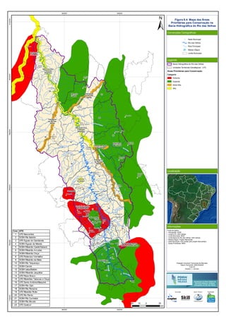 Buritizeiro
/ Pirapora
Serra do
Cabral
Espinhaço
Meridional
Paraopeba
Área Peter
Lund
Quadrilátero
Caverna
do Salitre
Florestas da Borda
Leste do Quadrilátero
Província Carstica
de Lagoa Santa
São Francisco
e Grandes
Afluentes
Tributários do Rio
das Velhas
São Francisco
e Grandes
Afluentes
Tributários
do Rio das
Velhas
Tributários
do Rio das
Velhas
Tributários
do Rio das
Velhas
RioVermelho
Rio
T
aquaraçu
Rio
Jabuticatubas
Rio do Peixe
Rio Pardo Pequeno
Ribeirão Sabará
Rio das Velhas
R
ibeirão
da
O
nça
Ribeirão Jequitibá
Ribeirão Arrudas
RioItabirito
RibeirãodaPrata
Ribeirão
da
M
ata
Rio Paraúna
RioCurimataí
Ribeirão do Corrente
Ribeirão
da
O
nça
RibeirãoVermelho
Rio
das Velhas
Ribeirão das Tabocas
RioCipó
Ribeirão
da
P
r
ata
RioBicudo
RibeirãoMaqui
né
R
ibeirão Santo Antônio
Ribeirão do Picão
Rio Pardo
Rio do Peixe
RiodasVelhas
2
9
11
16
23
5
4
6
7
13
15
19
21
22
17
1
3
10
8
12
14
18
20
Araçaí
Augusto
de Lima
Baldim
Belo
Horizonte
Buenópolis
Caeté
Capim
Branco
Conceição
do Mato
Dentro
Confins
Congonhas
do Norte
Contagem
Cordisburgo
Corinto
Curvelo
Datas
Diamantina
Esmeraldas
Funilândia
Gouveia
Inimutaba
Itabirito
Jaboticatubas
Jequitibá
Joaquim
Felício
Lagoa
Santa
Lassance
Matozinhos
Monjolos
Morro da
Garça
Nova
Lima
Nova
União
Ouro
Preto
Paraopeba
Pedro
Leopoldo
Pirapora
Presidente
Juscelino
Presidente
Kubitschek
Prudente
de Morais
Raposos
Ribeirão
das Neves
Rio
Acima
Sabará
Santa
Luzia
Santana de
Pirapama
Santana
do Riacho
Santo
Hipólito
São José
da Lapa
Sete
Lagoas
Taquaraçu
de Minas
Várzea
da Palma
Vespasiano
560000
560000
640000
640000
772000078000007880000796000080400008120000
Figura 6.4: Mapa das Áreas
Prioritárias para Conservação na
Bacia Hidrográfica do Rio das Velhas
Convenções Cartográficas
Legenda
Localização
Informações
Sede Municipal
Rio das Velhas
Rios Principais
Massa d'água
Limite Municipal
Bacia Hidrográfica do Rio das Velhas
Unidades Territoriais Estratégicas - UTE
Áreas Prioritárias para Conservação
Categoria
Extrema
Especial
Muito Alta
Alta
Fonte de dados:
- Hidrografia: IGAM
- Limite UTE: CBH Velhas
- Limite Municipal: IBGE
- Limite Bacia do Rio das Velhas: CBH Velhas
- Massa d'água: Projeto Manuelzão
- Sede Municipal: IGA (cedido pelo projeto Manuelzão)
- Áreas Prioritárias: MMA
20 0 2010
km
Cód. UTE
1 UTE Nascentes
2 SCBH Rio Itabirito
3 UTE Águas do Gandarela
4 SCBH Águas da Moeda
5 SCBH Ribeirão Caeté/Sabará
6 SCBH Ribeirão Arrudas
7 SCBH Ribeirão Onça
8 UTE Poderoso Vermelho
9 SCBH Ribeirão da Mata
10 SCBH Rio Taquaraçu
11 SCBH Carste
12 SCBH Jabo/Baldim
13 SCBH Ribeirão Jequitibá
14 UTE Peixe Bravo
15 UTE Ribeirões Tabocas e Onça
16 UTE Santo Antônio/Maquiné
17 SCBH Rio Cipó
18 SCBH Rio Paraúna
19 UTE Ribeirão Picão
20 UTE Rio Pardo
21 SCBH Rio Curimataí
22 SCBH Rio Bicudo
23 UTE Guaicuí
Execução Apoio Técnico Realização
Projeção Universal Transversa de Mercator
Datum Horizontal: SIRGAS2000
Fuso:23
Escala 1:1.100.000
 