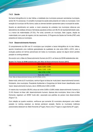 146
7.4.3 Saúde
Na bacia hidrográfica do rio das Velhas, a totalidade dos municípios possuem secretarias municipais,
sendo 94,1% exclusivas. O conselho municipal da saúde está presente em todos os municípios. Com
exceção do município de Rio Acima, todos os demais também apresentam plano municipal de saúde.
Quanto ao atendimento em saúde, a maior presença de unidades nos municípios refere-se aos
laboratórios de análises clínicas e farmácias populares ambos com 86,3% de representatividade cada,
e a menor de maternidades (37,3%). Por sinal, somente um munícipio, Sete Lagoas, dispõe de
maternidade com posto de registro civil de nascimento. O Programa de Saúde da Família (PSF) está
presente em todos os municípios.
7.4.4 Desenvolvimento Humano
O comportamento do IDH nos 51 municípios que compõem a bacia hidrográfica do rio das Velhas,
aponta inicialmente uma melhoria generalizada da qualidade de vida entre 2000 e 2010, visto a
evolução positiva em termos percentuais em todos os municípios, apesar de alguns terem perdido
posição no ranking estadual.
De acordo com o Atlas do Desenvolvimento Humano de 2013, as faixas de IDHM estabelecidas são:
Quadro 7.6: Faixas de IDHM estabelecidas pelo Atlas de Desenvolvimento Humano (2013).
Muito baixo: 0 - 0,499
Baixo: 0,500 - 0,599
Médio: 0,600 - 0,699
Alto: 0,700 - 0,799
Muito Alto: 0,800 - 1
Fonte: Atlas do Desenvolvimento Humano de 2013 (PNUD, 2013).
Deste modo, entre os 51 municípios, nenhum figura na faixa de ‘muito baixo’ desenvolvimento humano.
Entretanto, dois municípios, Presidente Kubitschek e Congonhas do Norte foram classificados como
‘baixo’ desenvolvimento humano, isto é, IDHM entre 0,500 a 0,599.
A maioria dos municípios (60,8%) situou-se entre 0,600 e 0,699 (médio desenvolvimento humano) e
31,4% ficaram na faixa ‘alto’ desenvolvimento humano. Apenas dois municípios, Nova Lima e Belo
Horizonte, registram um IDHM ‘muito alto’, associado aos padrões de países mais desenvolvidos
(Figura 7.3).
Com relação ao quadro evolutivo, verifica-se que somente 35 municípios alcançaram uma melhor
posição no ranking estadual, os demais perderam posição. Dentre os municípios melhores
posicionados destacam-se: Belo Horizonte (2ª lugar); Nova Lima (1º lugar) e Lagoa Santa (9º Lugar).
 