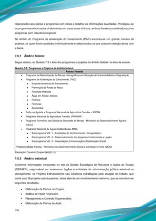 154
relacionados aos planos e programas com vistas a detalhar as informações levantadas. Privilegiou-se
os programas relacionados diretamente com os recursos hídricos, embora fossem considerados outros
programas com relevância regional.
No âmbito do Programa de Aceleração do Crescimento (PAC) encontra-se um grande número de
projetos, os quais foram avaliados individualmente e selecionados os que possuem relação direta com
a bacia.
7.6.1 Âmbito federal
Segue abaixo, no Quadro 7.8 a lista dos programas e projetos de âmbito federal na área de estudo.
Quadro 7.8: Programas e Projetos de âmbito federal.
Âmbito Federal
• Programa de Revitalização de Bacias Hidrográficas em Situação de Vulnerabilidade e Degradação
• Programa de Aceleração do Crescimento (PAC)
● Empreendimentos de Saneamento
● Prevenção de Áreas de Risco
● Recursos Hídricos
● Água em Áreas Urbanas
● Rodovia
● Ferrovias
● Aeroportos
• Reforma Agrária e Programa Nacional de Agricultura Familiar – INCRA
• Programa Nacional da Agricultura Familiar (PRONAF)
• Programa Territórios da Cidadania (Noroeste de Minas) - Ministério do Desenvolvimento Agrário
(MDA)
• Programa Nacional de Águas Subterrâneas MMA
● Subprograma VIII. 1 - Ampliação do Conhecimento Hidrogeológico
● Subprograma VIII. 2 - Desenvolvimento dos Aspectos Institucionais e Legais
● Subprograma VIII. 3 - Capacitação, Comunicação e Mobilização Social
Programa Bolsa Família – Ministério do Desenvolvimento Social e Combate à Fome (MDS)
Elaboração: Consórcio Ecoplan/Skill (2013).
7.6.2 Âmbito estadual
Conforme informações constantes no site da Gestão Estratégica de Recursos e Ações do Estado
(GERAES), responsável por assessorar órgãos e entidades da administração pública estadual no
planejamento, os Projetos Estruturadores são iniciativas estratégicas para atuação do Estado, que
conta com 56 projetos estruturadores, todos alvo de um monitoramento intensivo, que se constitui nas
seguintes atividades:
• Elaboração de Planos de Projeto;
• Análise de Risco Financeiro;
• Planejamento e Controle Orçamentário;
• Elaboração de Planos de Ação.
 