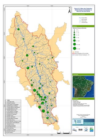 RioVermelho
Rio
T
aquaraçu
Rio
Jabuticatubas
Rio do Peixe
Rio Pardo Pequeno
Ribeirão Sabará
Rio das Velhas
R
ibeirão
da
O
nça
Ribeirão Jequitibá
Ribeirão Arrudas
Córreg
o
Caeté
RioItabirito
RibeirãodaPrata
Ribeirão
d
a
M
ata
Rio Paraúna
RioCurimataí
Ribeirão do Corrente
Ribeirão
da
O
nça
RibeirãoVermelho
Rio
das Velhas
Ribeirão das Tabocas
RioCipó
Ribeir
ãodaPrata
RioBicudo
RibeirãoMaqui
né
R
ibeirão Santo Antônio
Ribeirão do Picão
Rio Pardo
Rio do Peixe
RiodasVelhas
2
9
11
16
23
5
4
6
7
13
15
19
21
22
17
1
3
10
8
12
14
18
20
Araçaí
Augusto
de Lima
Baldim
Belo
Horizonte
Buenópolis
Caeté
Capim
Branco
Confins
Congonhas
Contagem
Cordisburgo
Corinto
Curvelo
Datas
Funilândia
Gouveia
Inimutaba
Itabirito
Jaboticatubas
Jequitibá
Lagoa
Santa
Lassance
Matozinhos
Monjolos
Morro da
Garça
Nova
Lima
Nova
União
Ouro
Preto
Paraopeba
Pedro
Leopoldo
Presidente
Juscelino
Presidente
kubstschek
Prudente
de Morais
Raposos
Ribeirão
das Neves
Rio
Acima
Sabará
Santa
Luzia
Santana de
Pirapama
Santana
do Riacho
Santo
Hipólito
São José
da Lapa
Sete
Lagoas
Taquaraçu
de Minas
Várzea
da Palma
Vespasiano
560000
560000
640000
640000
772000078000007880000796000080400008120000
Figura 8.3: Mapa das Captações
Subterrâneas Inventariadas na
Bacia do Rio das Velhas
Convenções Cartográficas
Legenda
Localização
Informações
Rio das Velhas
Rios Principais
Massa d'água
Limite Municipal
Número de Poços por Município
0 - 5
6 - 10
11 - 20
21 - 30
31 - 50
51 - 100
101 - 200
201 - 389
Municípios
Bacia Hidrográfica do Rio das Velhas
Unidades Territoriais Estratégicas - UTE
Fonte de dados:
- Hidrografia: IGAM
- Limite UTE: CBH Velhas
- Limite Municipal: IBGE
- Limite Bacia do Rio das Velhas: CBH Velhas
- Massa d'água: Projeto Manuelzão
- Sede Municipal: IGA (cedido pelo Projeto Manuelzão)
- Captações: Compilado de SIAGAS, CETEC e UFMG
20 0 2010
km
Execução Apoio Técnico Realização
Projeção Universal Transversa de Mercator
Datum Horizontal: SIRGAS2000
Fuso:23
Escala 1:1.100.000
UTE
1 UTE Nascentes
2 SCBH Rio Itabirito
3 UTE Águas do Gandarela
4 SCBH Águas da Moeda
5 SCBH Ribeirão Caeté/Sabará
6 SCBH Ribeirão Arrudas
7 SCBH Ribeirão Onça
8 UTE Poderoso Vermelho
9 SCBH Ribeirão da Mata
10 SCBH Rio Taquaraçu
11 SCBH Carste
12 SCBH Jabo/Baldim
13 SCBH Ribeirão Jequitibá
14 UTE Peixe Bravo
15 UTE Ribeirões Tabocas e Onça
16 UTE Santo Antônio/Maquiné
17 SCBH Rio Cipó
18 SCBH Rio Paraúna
19 UTE Ribeirão Picão
20 UTE Rio Pardo
21 SCBH Rio Curimataí
22 SCBH Rio Bicudo
23 UTE Guaicuí
 