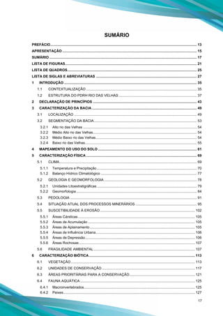 17
SUMÁRIO
PREFÁCIO.................................................................................................................................................... 13
APRESENTAÇÃO ........................................................................................................................................ 15
SUMÁRIO ..................................................................................................................................................... 17
LISTA DE FIGURAS..................................................................................................................................... 21
LISTA DE QUADROS................................................................................................................................... 25
LISTA DE SIGLAS E ABREVIATURAS ...................................................................................................... 27
1 INTRODUÇÃO ...................................................................................................................................... 35
1.1 CONTEXTUALIZAÇÃO................................................................................................................ 35
1.2 ESTRUTURA DO PDRH RIO DAS VELHAS............................................................................... 37
2 DECLARAÇÃO DE PRINCÍPIOS ......................................................................................................... 43
3 CARACTERIZAÇÃO DA BACIA .......................................................................................................... 49
3.1 LOCALIZAÇÃO ............................................................................................................................ 49
3.2 SEGMENTAÇÃO DA BACIA........................................................................................................ 53
3.2.1 Alto rio das Velhas ................................................................................................................... 54
3.2.2 Médio Alto rio das Velhas......................................................................................................... 54
3.2.3 Médio Baixo rio das Velhas...................................................................................................... 54
3.2.4 Baixo rio das Velhas................................................................................................................. 55
4 MAPEAMENTO DO USO DO SOLO.................................................................................................... 61
5 CARACTERIZAÇÃO FÍSICA................................................................................................................ 69
5.1 CLIMA........................................................................................................................................... 69
5.1.1 Temperatura e Precipitação ..................................................................................................... 70
5.1.2 Balanço Hídrico Climatológico ................................................................................................. 77
5.2 GEOLOGIA E GEOMORFOLOGIA.............................................................................................. 78
5.2.1 Unidades Litoestratigráficas..................................................................................................... 79
5.2.2 Geomorfologia.......................................................................................................................... 84
5.3 PEDOLOGIA ................................................................................................................................ 91
5.4 SITUAÇÃO ATUAL DOS PROCESSOS MINERÁRIOS .............................................................. 95
5.5 SUSCETIBILIDADE À EROSÃO................................................................................................ 102
5.5.1 Áreas Cársticas...................................................................................................................... 105
5.5.2 Áreas de Acumulação ............................................................................................................ 105
5.5.3 Áreas de Aplainamento .......................................................................................................... 105
5.5.4 Áreas de Influência Urbana.................................................................................................... 106
5.5.5 Áreas de Depressão............................................................................................................... 106
5.5.6 Áreas Rochosas..................................................................................................................... 107
5.6 FRAGILIDADE AMBIENTAL ...................................................................................................... 107
6 CARACTERIZAÇÃO BIÓTICA........................................................................................................... 113
6.1 VEGETAÇÃO ............................................................................................................................. 113
6.2 UNIDADES DE CONSERVAÇÃO.............................................................................................. 117
6.3 ÁREAS PRIORITÁRIAS PARA A CONSERVAÇÃO.................................................................. 121
6.4 FAUNA AQUÁTICA .................................................................................................................... 125
6.4.1 Macroinvertebrados................................................................................................................ 125
6.4.2 Peixes..................................................................................................................................... 127
 