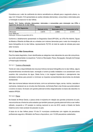 198
Considerou-se o valor de coeficiente de retorno semelhante ao utilizado para o segmento urbano, ou
seja, 0,8. O Quadro 10.6 apresentada as vazões retiradas (demandas), consumidas e retornadas para
a mineração na bacia do rio das Velhas.
Quadro 10.6: Vazões retiradas (demandas), retornadas e consumidas para mineração nas UTEs e
segmentos da bacia do rio das Velhas.
UTEs/ Segmentos
Vazões
Retirado (m³/s) Retornado (m³/s) Consumido (m³/s)
Mineração 3,5079 2,8064 0,7016
Fonte: IRRIPLAN.
Elaboração: Consórcio Ecoplan/Skill (2013).
Conforme o detalhamento apresentado no Diagnóstico Geral (RP-02A), as UTEs Rio Itabirito, Águas
da Moeda e Ribeirão da Mata são as unidades com maiores demandas para o setor da mineração na
bacia hidrográfica do rio das Velhas, representando 78,74% do total da vazão de retirada para esse
setor na bacia.
10.1.2 Usos Não Consuntivos
Para fins deste diagnóstico, foram identificadas as categorias mais relevantes de usos não consuntivos,
que serão apresentadas na sequência: Turismo e Recreação, Pesca, Navegação, Geração de Energia
e Preservação Ambiental.
10.1.2.1 Turismo e Recreação
Tendo em vista a disponibilidade dos recursos hídricos da bacia hidrográfica do rio das Velhas, alguns
empreendimentos envolvendo lazer, recreação e turismo já estão instalados e se caracterizam como
usuários não consuntivos de água. Desta forma, é de inegável importância o planejamento das
atividades turísticas para prevenir e minimizar os impactos socioambientais decorrentes da atividade
recreacional.
Além das inúmeras belezas naturais da bacia, como as cachoeiras e lagos, serras, riachos, cascatas e
cachoeiras, destacam-se os circuitos dos Diamantes, da Estrada Real e das Grutas que potencializam
o turismo na bacia. Os locais com grande potencial turístico diagnosticados na bacia são descritos no
relatório RP02A.
10.1.2.2 Pesca
No Estado de Minas Gerais, a pesca ainda é incipiente em relação aos grandes produtores do país,
mas encontra-se a frente de outros estados que também possuem grande potencial hídrico a ser melhor
utilizado, ocupando a 14ª posição no ranking nacional no ano de 2010, sendo o Estado de Santa
Catarina como maior produtor de pescado no país.
A bacia do rio das Velhas possui 18 dos 51 municípios constituintes com registro de pescadores
profissionais segundo o Ministério da Pesca e Aquicultura, com 12.229 pescadores cadastrados.
 