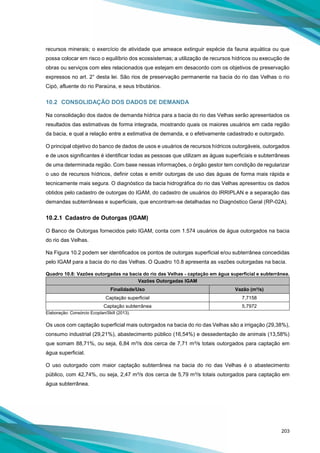 203
recursos minerais; o exercício de atividade que ameace extinguir espécie da fauna aquática ou que
possa colocar em risco o equilíbrio dos ecossistemas; a utilização de recursos hídricos ou execução de
obras ou serviços com eles relacionados que estejam em desacordo com os objetivos de preservação
expressos no art. 2° desta lei. São rios de preservação permanente na bacia do rio das Velhas o rio
Cipó, afluente do rio Paraúna, e seus tributários.
10.2 CONSOLIDAÇÃO DOS DADOS DE DEMANDA
Na consolidação dos dados de demanda hídrica para a bacia do rio das Velhas serão apresentados os
resultados das estimativas de forma integrada, mostrando quais os maiores usuários em cada região
da bacia, e qual a relação entre a estimativa de demanda, e o efetivamente cadastrado e outorgado.
O principal objetivo do banco de dados de usos e usuários de recursos hídricos outorgáveis, outorgados
e de usos significantes é identificar todas as pessoas que utilizam as águas superficiais e subterrâneas
de uma determinada região. Com base nessas informações, o órgão gestor tem condição de regularizar
o uso de recursos hídricos, definir cotas e emitir outorgas de uso das águas de forma mais rápida e
tecnicamente mais segura. O diagnóstico da bacia hidrográfica do rio das Velhas apresentou os dados
obtidos pelo cadastro de outorgas do IGAM, do cadastro de usuários do IRRIPLAN e a separação das
demandas subterrâneas e superficiais, que encontram-se detalhadas no Diagnóstico Geral (RP-02A).
10.2.1 Cadastro de Outorgas (IGAM)
O Banco de Outorgas fornecidos pelo IGAM, conta com 1.574 usuários de água outorgados na bacia
do rio das Velhas.
Na Figura 10.2 podem ser identificados os pontos de outorgas superficial e/ou subterrânea concedidas
pelo IGAM para a bacia do rio das Velhas. O Quadro 10.8 apresenta as vazões outorgadas na bacia.
Quadro 10.8: Vazões outorgadas na bacia do rio das Velhas - captação em água superficial e subterrânea.
Vazões Outorgadas IGAM
Finalidade/Uso Vazão (m³/s)
Captação superficial 7,7158
Captação subterrânea 5,7972
Elaboração: Consórcio Ecoplan/Skill (2013).
Os usos com captação superficial mais outorgados na bacia do rio das Velhas são a irrigação (29,38%),
consumo industrial (29,21%), abastecimento público (16,54%) e dessedentação de animais (13,58%)
que somam 88,71%, ou seja, 6,84 m³/s dos cerca de 7,71 m³/s totais outorgados para captação em
água superficial.
O uso outorgado com maior captação subterrânea na bacia do rio das Velhas é o abastecimento
público, com 42,74%, ou seja, 2,47 m³/s dos cerca de 5,79 m³/s totais outorgados para captação em
água subterrânea.
 