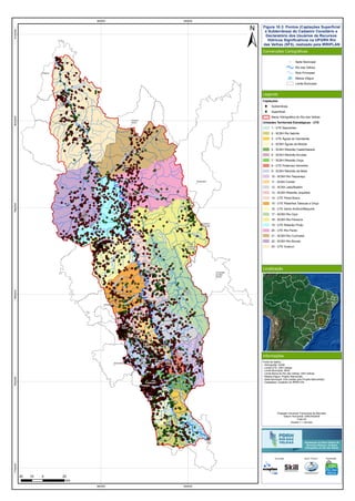 RioVermelho
Rio
T
aquaraçu
Rio
Jabuticatubas
Rio do Peixe
Rio Pardo Pequeno
Ribeirão Sabará
Rio das Velhas
R
ibeirão
da
O
nça
Ribeirão Jequitibá
Ribeirão Arrudas
Córreg
o
Caeté
RioItabirito
RibeirãodaPrata
Ribeirão
d
a
M
ata
Rio Paraúna
RioCurimataí
Ribeirão do Corrente
Ribeirão
da
O
nça
RibeirãoVermelho
Rio
das Velhas
Ribeirão das Tabocas
RioCipó
Ribeir
ãodaPrata
RioBicudo
RibeirãoMaqui
né
R
ibeirão Santo Antônio
Ribeirão do Picão
Rio Pardo
Rio do Peixe
RiodasVelhas
2
9
11
16
23
5
4
6
7
13
15
19
21
22
17
1
3
10
8
12
14
18
20
Araçaí
Augusto
de Lima
Baldim
Belo
Horizonte
Buenópolis
Caeté
Capim
Branco
Conceição
do Mato
Dentro
Confins
Congonhas
do Norte
Contagem
Cordisburgo
Corinto
Curvelo
Datas
Diamantina
Esmeraldas
Funilândia
Gouveia
Inimutaba
Itabirito
Jaboticatubas
Jequitibá
Joaquim
Felício
Lagoa
Santa
Lassance
Matozinhos
Monjolos
Morro da
Garça
Nova
Lima
Nova
União
Ouro
Preto
Paraopeba
Pedro
Leopoldo
Pirapora
Presidente
Juscelino
Presidente
Kubitschek
Prudente
de Morais
Raposos
Ribeirão
das Neves
Rio
Acima
Sabará
Santa
Luzia
Santana de
Pirapama
Santana
do Riacho
Santo
Hipólito
São José
da Lapa
Sete
Lagoas
Taquaraçu
de Minas
Várzea
da Palma
Vespasiano
560000
560000
640000
640000
772000078000007880000796000080400008120000
Figura 10.3: Pontos (Captações Superficial
e Subterrânea) do Cadastro Censitário e
Declaratório dos Usuários de Recursos
Hídricos Significativos na UPGRH Rio
das Velhas (SF5), realizado pela IRRIPLAN
Convenções Cartográficas
Legenda
Localização
Informações
Sede Municipal
Rio das Velhas
Rios Principais
Massa d'água
Limite Municipal
Captações
Subterrânea
Superficial
Bacia Hidrográfica do Rio das Velhas
Unidades Territoriais Estratégicas - UTE
1 - UTE Nascentes
2 - SCBH Rio Itabirito
3 - UTE Águas do Gandarela
4 - SCBH Águas da Moeda
5 - SCBH Ribeirão Caeté/Sabará
6 - SCBH Ribeirão Arrudas
7 - SCBH Ribeirão Onça
8 - UTE Poderoso Vermelho
9 - SCBH Ribeirão da Mata
10 - SCBH Rio Taquaraçu
11 - SCBH Carste
12 - SCBH Jabo/Baldim
13 - SCBH Ribeirão Jequitibá
14 - UTE Peixe Bravo
15 - UTE Ribeirões Tabocas e Onça
16 - UTE Santo Antônio/Maquiné
17 - SCBH Rio Cipó
18 - SCBH Rio Paraúna
19 - UTE Ribeirão Picão
20 - UTE Rio Pardo
21 - SCBH Rio Curimataí
22 - SCBH Rio Bicudo
23 - UTE Guaicuí
Fonte de dados:
- Hidrografia: IGAM
- Limite UTE: CBH Velhas
- Limite Municipal: IBGE
- Limite Bacia do Rio das Velhas: CBH Velhas
- Massa d'água: Projeto Manuelzão
- Sede Municipal: IGA (cedido pelo Projeto Manuelzão)
- Captações: Cadastro do IRRIPLAN
20 0 2010
km
Execução Apoio Técnico Realização
Projeção Universal Transversa de Mercator
Datum Horizontal: SIRGAS2000
Fuso:23
Escala 1:1.100.000
 