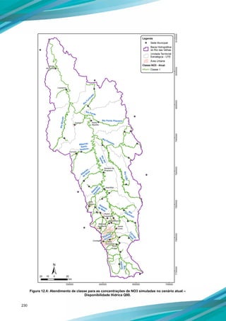 230
Figura 12.4: Atendimento de classe para as concentrações de NO3 simuladas no cenário atual –
Disponibilidade Hídrica Q90.
 