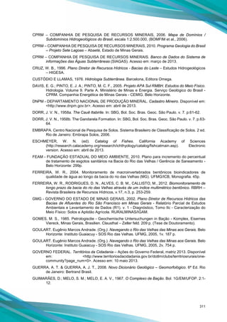 311
CPRM – COMPANHIA DE PESQUISA DE RECURSOS MINERAIS, 2006. Mapa de Domínios /
Subdomínios Hidrogeológicos do Brasil, escala 1:2.500.000, (BOMFIM et al., 2006).
CPRM – COMPANHIA DE PESQUISA DE RECURSOS MINERAIS, 2010. Programa Geologia do Brasil
– Projeto Sete Lagoas – Abaeté, Estado de Minas Gerais.
CPRM – COMPANHIA DE PESQUISA DE RECURSOS MINERAIS. Banco de Dados do Sistema de
informações das Águas Subterrâneas (SIAGAS). Acesso em: março de 2013.
CRUZ, W. B., 1996. Plano Diretor de Recursos Hídricos - Bacias do Leste – Estudos Hidrogeológicos
– HIGESA.
CUSTÓDIO E LLAMAS, 1976. Hidrologia Subterrânea. Barcelona, Editora Omega.
DAVIS, E. G.; PINTO, E. J. A.; PINTO, M. C. F., 2005. Projeto APA Sul RMBH. Estudos do Meio Físico.
Hidrologia. Volume 9. Parte A. Ministério de Minas e Energia. Serviço Geológico do Brasil -
CPRM. Companhia Energética de Minas Gerais - CEMIG. Belo Horizonte.
DNPM - DEPARTAMENTO NACIONAL DE PRODUÇÃO MINERAL. Cadastro Mineiro. Disponível em:
<http://www.dnpm.gov.br>. Acesso em: abril de 2013.
DORR, J. V. N., 1958a. The Cauê Itabirite. In: SBG, Bol. Soc. Bras. Geoc. São Paulo. v. 7. p.61-62.
DORR, J. V. N., 1958b. The Gandarela Formation. In: SBG, Bol. Soc. Bras. Geoc. São Paulo. v. 7. p.63-
64.
EMBRAPA. Centro Nacional de Pesquisa de Solos. Sistema Brasileiro de Classificação de Solos. 2 ed.
Rio de Janeiro: Embrapa Solos, 2006.
ESCHMEYER, W. N. (ed). Catalog of Fishes. California Academy of Sciences
(http://research.calacademy.org/research/ichthyology/catalog/fishcatmain.asp). Electronic
version. Acesso em: abril de 2013.
FEAM - FUNDAÇÃO ESTADUAL DO MEIO AMBIENTE, 2010. Plano para incremento do percentual
de tratamento de esgotos sanitários na Bacia do Rio das Velhas / Gerência de Saneamento -
Belo Horizonte: 299p.
FERREIRA, W. R., 2004. Monitoramento de macroinvertebrados bentônicos bioindicadores de
qualidade de água ao longo da bacia do rio das Velhas (MG). UFMG/ICB, Monografia. 45p.
FERREIRA, W. R., RODRIGUES, D. N., ALVES, C. B. M., CALLISTO, M., 2012. Biomonitoramento de
longo prazo da bacia do rio das Velhas através de um índice multimétrico bentônico. RBRH –
Revista Brasileira de Recursos Hídricos, v.17, n.3, p. 253-259.
GMG - GOVERNO DO ESTADO DE MINAS GERAIS, 2002. Plano Diretor de Recursos Hídricos das
Bacias de Afluentes do Rio São Francisco em Minas Gerais - Relatório Parcial de Estudos
Ambientais e Levantamento de Dados (R1). v. 1 - Diagnóstico, Tomo IIc - Caracterização do
Meio Físico: Solos e Aptidão Agrícola. RURALMINAS/IGAM.
GOMES, M. S., 1985. Petrologisclie - Geochemische Untersuchungen in Bação - Komplex, Eisernes
Viereck, Minas Gerais, Brasilien. Clausthal – Zeller feld. 209 p. (Tese de Doutoramento).
GOULART. Eugênio Marcos Andrade. (Org.). Navegando o Rio das Velhas das Minas aos Gerais. Belo
Horizonte: Instituto Guaiacuy - SOS Rio das Velhas. UFMG, 2005, 1v. 187 p.
GOULART. Eugênio Marcos Andrade. (Org.). Navegando o Rio das Velhas das Minas aos Gerais. Belo
Horizonte: Instituto Guaiacuy - SOS Rio das Velhas. UFMG, 2005, 2v. 754 p.
GOVERNO FEDERAL. Territórios da Cidadania – Ações do Governo Federal, matriz 2013. Disponível
em: <http://www.territoriosdacidadania.gov.br/dotlrn/clubs/territriosrurais/one-
community?page_num=0>. Acesso em: 10 maio 2013.
GUERRA, A. T. & GUERRA, A. J. T., 2008. Novo Dicionário Geológico – Geomorfológico. 6ª Ed. Rio
de Janeiro: Bertrand Brasil.
GUIMARÃES, D.; MELO, S. M.; MELO, E. A. V., 1967. O Complexo de Bação. Bol. 1G/EM/UFOP. 2:1-
12.
 