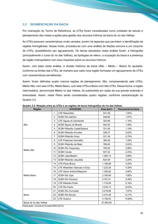 53
3.2 SEGMENTAÇÃO DA BACIA
Por orientação do Termo de Referência, as UTEs foram consideradas como unidades de estudo e
planejamento das metas e ações para gestão dos recursos hídricos da bacia do rio das Velhas.
As UTEs possuem características muita variadas, porém há aspectos que permitem a identificação de
regiões homogêneas. Desse modo, procedeu-se com uma análise de feições comuns a um conjunto
de UTEs, possibilitando seu agrupamento. Os temas estudados nesta análise foram: a hidrografia
(principalmente o curso do rio das Velhas), as tipologias de relevo, a ocupação da bacia e a presença
de região metropolitana com seus impactos sobre os recursos hídricos.
Assim, com base nesta análise, a divisão histórica da bacia (Alto – Médio – Baixo) foi ajustada,
conforme os limites das UTEs, de maneira que cada nova região formasse um agrupamento de UTEs
com características semelhantes.
Assim, foram definidas quatro macros regiões de planejamento: Alto, compreendendo sete UTEs;
Médio Alto, com seis UTEs, Médio Baixo, com sete UTEs e Baixo com três UTEs. Dessa forma, a região
intermediária, denominada Médio rio das Velhas, foi subdividida em razão da sua grande extensão e
diversidade. Assim, neste Plano serão consideradas quatro regiões, conforme caracterização do
Quadro 3.2.
Quadro 3.2: Relação entre as UTEs e as regiões da bacia hidrográfica do rio das Velhas.
Região UTE/SCBH Área (km²) Percentual da bacia
Alto
1 UTE Nascentes 541,58 1,94%
2 SCBH Rio Itabirito 548,89 1,97%
3 UTE Águas do Gandarela 323,66 1,16%
4 SCBH Águas da Moeda 544,32 1,95%
5 SCBH Ribeirão Caeté/Sabará 331,56 1,19%
6 SCBH Ribeirão Arrudas 228,37 0,82%
7 SCBH Ribeirão Onça 221,38 0,79%
Médio Alto
8 UTE Poderoso Vermelho 360,48 1,29%
9 SCBH Ribeirão da Mata 786,84 2,83%
10 SCBH Rio Taquaraçu 795,50 2,86%
11 SCBH Carste 627,02 2,25%
12 SCBH Jabo/Baldim 1.082,10 3,89%
13 SCBH Ribeirão Jequitibá 624,08 2,24%
Médio Baixo
14 UTE Peixe Bravo 1.169,89 4,20%
15 UTE Ribeirões Tabocas e Onça 1.223,26 4,39%
16 UTE Santo Antônio/Maquiné 1.336,82 4,80%
17 SCBH Rio Cipó 2.184,86 7,85%
18 SCBH Rio Paraúna 2.337,61 8,39%
19 UTE Ribeirão Picão 1.716,59 6,16%
20 UTE Rio Pardo 2.235,13 8,03%
Baixo
21 SCBH Rio Curimataí 2.218,66 7,97%
22 SCBH Rio Bicudo 2.274,48 8,17%
23 UTE Guaicuí 4.136,93 14,85%
Bacia do rio das Velhas 27.850,00 -
Elaboração: Consórcio Ecoplan/Skill (2013).
 