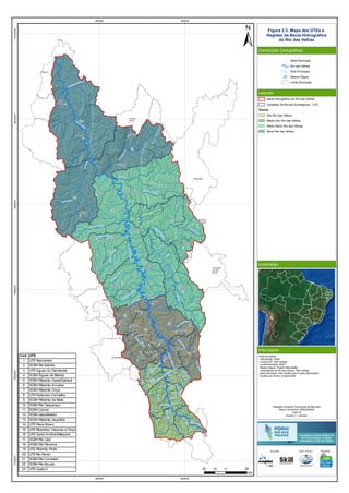 RioVermelho
Rio
T
aquaraçu
R
io
Jabuticatubas
Rio do Peixe
Rio Pardo Pequeno
Ribeirão Sabará
Rio das Velhas
R
ibeirão
da
O
nça
Ribeirão Jequitibá
Ribeirão Arrudas
Córreg
o
Caeté
RioItabirito
RibeirãodaPrata
Ribeirão
d
a
M
ata
Rio Paraúna
RioCurimataí
Ribeirão do Corrente
Ribeirão
da
O
nça
RibeirãoVermelho
Rio
das Velhas
Ribeirão das Tabocas
RioCipó
Ribeir
ãodaPrata
RioBicudo
RibeirãoMaqui
né
R
ibeirão Santo Antônio
Ribeirão do Picão
Rio Pardo
Rio do Peixe
RiodasVelhas
2
9
11
16
23
5
4
6
7
13
15
19
21
22
17
1
3
10
8
12
14
18
20
Araçaí
Augusto
de Lima
Baldim
Belo
Horizonte
Buenópolis
Caeté
Capim
Branco
Conceição
do Mato
Dentro
Confins
Congonhas
do Norte
Contagem
Cordisburgo
Corinto
Curvelo
Datas
Diamantina
Esmeraldas
Funilândia
Gouveia
Inimutaba
Itabirito
Jaboticatubas
Jequitibá
Joaquim
Felício
Lagoa
Santa
Lassance
Matozinhos
Monjolos
Morro da
Garça
Nova
Lima
Nova
União
Ouro
Preto
Paraopeba
Pedro
Leopoldo
Pirapora
Presidente
Juscelino
Presidente
Kubitschek
Prudente
de Morais
Raposos
Ribeirão
das Neves
Rio
Acima
Sabará
Santa
Luzia
Santana de
Pirapama
Santana
do Riacho
Santo
Hipólito
São José
da Lapa
Sete
Lagoas
Taquaraçu
de Minas
Várzea
da Palma
Vespasiano
560000
560000
640000
640000
772000078000007880000796000080400008120000
Figura 3.3: Mapa das UTEs e
Regiões da Bacia Hidrográfica
do Rio das Velhas
Convenções Cartográficas
Legenda
Localização
Informações
Sede Municipal
Rio das Velhas
Rios Principais
Massa d'água
Limite Municipal
Bacia Hidrográfica do Rio das Velhas
Unidades Territoriais Estratégicas - UTE
Trecho
Alto Rio das Velhas
Médio Alto Rio das Velhas
Médio Baixo Rio das Velhas
Baixo Rio das Velhas
Fonte de dados:
- Hidrografia: IGAM
- Limite UTE: CBH Velhas
- Limite Municipal: IBGE
- Massa d'água: Projeto Manuelzão
- Limite Bacia do Rio das Velhas: CBH Velhas
- Sede Municipal: IGA (cedido pelo Projeto Manuelzão)
- Divisão por trecho: Ecoplan/Skill
20 0 2010
km
Cód. UTE
1 UTE Nascentes
2 SCBH Rio Itabirito
3 UTE Águas do Gandarela
4 SCBH Águas da Moeda
5 SCBH Ribeirão Caeté/Sabará
6 SCBH Ribeirão Arrudas
7 SCBH Ribeirão Onça
8 UTE Poderoso Vermelho
9 SCBH Ribeirão da Mata
10 SCBH Rio Taquaraçu
11 SCBH Carste
12 SCBH Jabo/Baldim
13 SCBH Ribeirão Jequitibá
14 UTE Peixe Bravo
15 UTE Ribeirões Tabocas e Onça
16 UTE Santo Antônio/Maquiné
17 SCBH Rio Cipó
18 SCBH Rio Paraúna
19 UTE Ribeirão Picão
20 UTE Rio Pardo
21 SCBH Rio Curimataí
22 SCBH Rio Bicudo
23 UTE Guaicuí
Projeção Universal Transversa de Mercator
Datum Horizontal: SIRGAS2000
Fuso:23
Escala 1:1.100.000
Execução Apoio Técnico Realização
 
