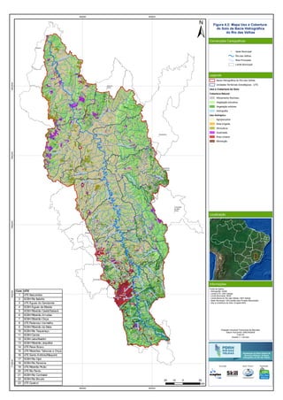 RioVermelho
Rio
T
aquaraçu
R
io
Jabuticatubas
Rio do Peixe
Rio Pardo Pequeno
Ribeirão Sabará
Rio das Velhas
R
ibeirão
da
O
nça
Ribeirão Jequitibá
Ribeirão Arrudas
Córreg
o
Caeté
RioItabirito
RibeirãodaPrata
Ribeirão
d
a
M
ata
Rio Paraúna
RioCurimataí
Ribeirão do Corrente
Ribeirão
da
O
nça
RibeirãoVermelho
Rio
das Velhas
Ribeirão das Tabocas
RioCipó
Ribeir
ãodaPrata
RioBicudo
RibeirãoMaqui
né
R
ibeirão Santo Antônio
Ribeirão do Picão
Rio Pardo
Rio do Peixe
RiodasVelhas
2
9
11
16
23
5
4
6
7
13
15
19
21
22
17
1
3
10
8
12
14
18
20
Araçaí
Augusto
de Lima
Baldim
Belo
Horizonte
Buenópolis
Caeté
Capim
Branco
Conceição
do Mato
Dentro
Confins
Congonhas
do Norte
Contagem
Cordisburgo
Corinto
Curvelo
Datas
Diamantina
Esmeraldas
Funilândia
Gouveia
Inimutaba
Itabirito
Jaboticatubas
Jequitibá
Joaquim
Felício
Lagoa Santa
Lassance
Matozinhos
Monjolos
Morro da
Garça
Nova
Lima
Nova
União
Ouro
Preto
Paraopeba
Pedro
Leopoldo
Pirapora
Presidente
Juscelino
Presidente
Kubitschek
Prudente
de Morais
Raposos
Ribeirão
das Neves
Rio
Acima
Sabará
Santa
Luzia
Santana de
Pirapama
Santana
do Riacho
Santo
Hipólito
São José
da Lapa
Sete
Lagoas
Taquaraçu
de Minas
Várzea
da Palma
Vespasiano
560000
560000
640000
640000
77200007800000788000079600008040000
Figura 4.2: Mapa Uso e Cobertura
do Solo da Bacia Hidrográfica
do Rio das Velhas
Convenções Cartográficas
Legenda
Localização
Informações
Sede Municipal
Rio das Velhas
Rios Principais
Limite Municipal
Bacia Hidrográfica do Rio das Velhas
Unidades Territoriais Estratégicas - UTE
Uso e Cobertura do Solo
Cobertura Natural
Afloramento Rochoso
Vegetação arbustiva
Vegetação arbórea
Hidrografia
Uso Antrópico
Agropecuária
Área Irrigada
Silvicultura
Queimada
Área Urbana
Mineração
Fonte de dados:
- Hidrografia: IGAM
- Limite UTE: CBH Velhas
- Limite Municipal: IBGE
- Limite Bacia do Rio das Velhas: CBH Velhas
- Sede Municipal: IGA (cedido pelo Projeto Manuelzão)
- Uso e Cobertura do Solo: Ecoplan/Skill
20 0 2010
km
Cód. UTE
1 UTENascentes
2 SCBH Rio Itabirito
3 UTEÁguas do Gandarela
4 SCBH Águas da Moeda
5 SCBH Ribeirão Caeté/Sabará
6 SCBH Ribeirão Arrudas
7 SCBH Ribeirão Onça
8 UTEPoderoso Vermelho
9 SCBH Ribeirão da Mata
10 SCBH Rio Taquaraçu
11 SCBH Carste
12 SCBH Jabo/Baldim
13 SCBH Ribeirão Jequitibá
14 UTEPeixe Bravo
15 UTERibeirões Tabocas e Onça
16 UTESanto Antônio/Maquiné
17 SCBH Rio Cipó
18 SCBH Rio Paraúna
19 UTERibeirão Picão
20 UTERio Pardo
21 SCBH Rio Curimataí
22 SCBH Rio Bicudo
23 UTEGuaicuí
Projeção Universal Transversa de Mercator
Datum Horizontal: SIRGAS2000
Fuso:23
Escala 1:1.100.000
Execução Apoio Técnico Realização
 