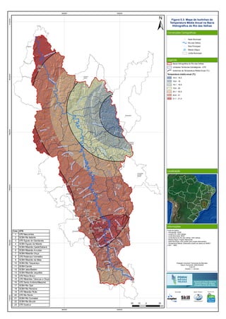 RioVermelho
Rio
T
aquaraçu
R
io
Jabuticatubas
Rio do Peixe
Rio Pardo Pequeno
Ribeirão Sabará
Rio das Velhas
R
ibeirão
da
O
nça
Ribeirão Jequitibá
Ribeirão Arrudas
Córreg
o
Caeté
RioItabirito
RibeirãodaPrata
Ribeirão
d
a
M
ata
Rio Paraúna
RioCurimataí
Ribeirão do Corrente
Ribeirão
da
O
nça
RibeirãoVermelho
Rio
das Velhas
Ribeirão das Tabocas
RioCipó
Ribeir
ão
daPrata
RioBicudo
RibeirãoMaqui
né
R
ibeirão Santo Antônio
Ribeirão do Picão
Rio Pardo
Rio do Peixe
RiodasVelhas
2
9
11
16
23
5
4
6
7
13
15
19
21
22
17
1
3
10
8
12
14
18
20
21
21
19
21
21
21
21
19
21
20
Araçaí
Augusto
de Lima
Baldim
Belo
Horizonte
Buenópolis
Caeté
Capim
Branco
Conceição
do Mato
Dentro
Confins
Congonhas
do Norte
Contagem
Cordisburgo
Corinto
Curvelo
Datas
Diamantina
Esmeraldas
Funilândia
Gouveia
Inimutaba
Itabirito
Jaboticatubas
Jequitibá
Joaquim
Felício
Lagoa
Santa
Lassance
Matozinhos
Monjolos
Morro da
Garça
Nova
Lima
Nova
União
Ouro
Preto
Paraopeba
Pedro
Leopoldo
Pirapora
Presidente
Juscelino
Presidente
Kubitschek
Prudente
de Morais
Raposos
Ribeirão
das Neves
Rio
Acima
Sabará
Santa
Luzia
Santana de
Pirapama
Santana
do Riacho
Santo
Hipólito
São José
da Lapa
Sete
Lagoas
Taquaraçu
de Minas
Várzea
da Palma
Vespasiano
560000
560000
640000
640000
772000078000007880000796000080400008120000
Figura 5.3: Mapa de Isolinhas de
Temperatura Média Anual na Bacia
Hidrográfica do Rio das Velhas
Convenções Cartográficas
Legenda
Localização
Informações
Sede Municipal
Rio das Velhas
Rios Principais
Massa d'água
Limite Municipal
Bacia Hidrográfica do Rio das Velhas
Unidades Territoriais Estratégicas - UTE
Isotermas de Temperatura Média Anual (ºC)
Temperatura média anual (ºC)
18,4 - 18,5
18,6 - 19
19,1 - 19,5
19,6 - 20
20,1 - 20,5
20,6 - 21
21,1 - 21,4
Fonte de dados:
- Hidrografia: IGAM
- Limite UTE: CBH Velhas
- Limite Municipal: IBGE
- Limite Bacia do Rio das Velhas: CBH Velhas
- Massa d'água: Projeto Manuelzão
- Sede Municipal: IGA (cedido pelo projeto Manuelzão)
- Temperatura Média: Elaborado a partir de dados do INMET
(1961 - 1990)
20 0 2010
km
Cód. UTE
1 UTE Nascentes
2 SCBH Rio Itabirito
3 UTE Águas do Gandarela
4 SCBH Águas da Moeda
5 SCBH Ribeirão Caeté/Sabará
6 SCBH Ribeirão Arrudas
7 SCBH Ribeirão Onça
8 UTE Poderoso Vermelho
9 SCBH Ribeirão da Mata
10 SCBH Rio Taquaraçu
11 SCBH Carste
12 SCBH Jabo/Baldim
13 SCBH Ribeirão Jequitibá
14 UTE Peixe Bravo
15 UTE Ribeirões Tabocas e Onça
16 UTE Santo Antônio/Maquiné
17 SCBH Rio Cipó
18 SCBH Rio Paraúna
19 UTE Ribeirão Picão
20 UTE Rio Pardo
21 SCBH Rio Curimataí
22 SCBH Rio Bicudo
23 UTE Guaicuí
Execução Apoio Técnico Realização
Projeção Universal Transversa de Mercator
Datum Horizontal: SIRGAS2000
Fuso:23
Escala 1:1.100.000
 