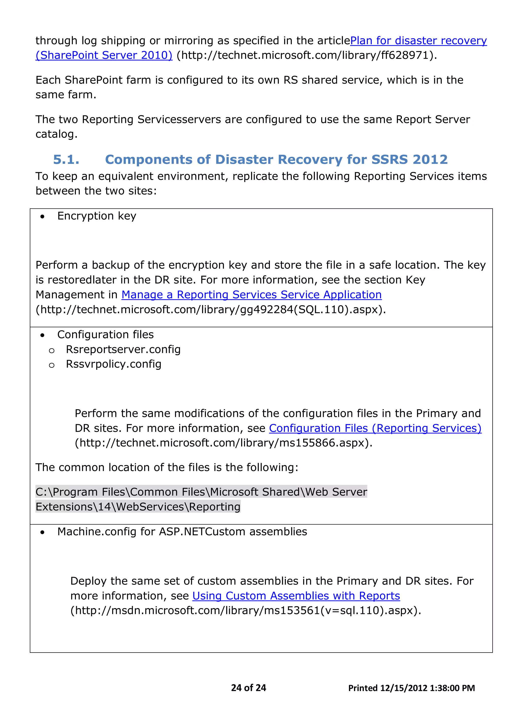 24 of 24 Printed 12/15/2012 1:38:00 PM
through log shipping or mirroring as specified in the articlePlan for disaster recovery
(SharePoint Server 2010) (http://technet.microsoft.com/library/ff628971).
Each SharePoint farm is configured to its own RS shared service, which is in the
same farm.
The two Reporting Servicesservers are configured to use the same Report Server
catalog.
5.1. Components of Disaster Recovery for SSRS 2012
To keep an equivalent environment, replicate the following Reporting Services items
between the two sites:
• Encryption key
Perform a backup of the encryption key and store the file in a safe location. The key
is restoredlater in the DR site. For more information, see the section Key
Management in Manage a Reporting Services Service Application
(http://technet.microsoft.com/library/gg492284(SQL.110).aspx).
• Configuration files
o Rsreportserver.config
o Rssvrpolicy.config
Perform the same modifications of the configuration files in the Primary and
DR sites. For more information, see Configuration Files (Reporting Services)
(http://technet.microsoft.com/library/ms155866.aspx).
The common location of the files is the following:
C:Program FilesCommon FilesMicrosoft SharedWeb Server
Extensions14WebServicesReporting
• Machine.config for ASP.NETCustom assemblies
Deploy the same set of custom assemblies in the Primary and DR sites. For
more information, see Using Custom Assemblies with Reports
(http://msdn.microsoft.com/library/ms153561(v=sql.110).aspx).
 