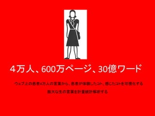 ４万人、600万ページ、30億ワード
ウェブ上の患者4万人の言葉から、患者が体験したコト、感じたコトを可視化する
膨大な生の言葉を計量統計解析する

 
